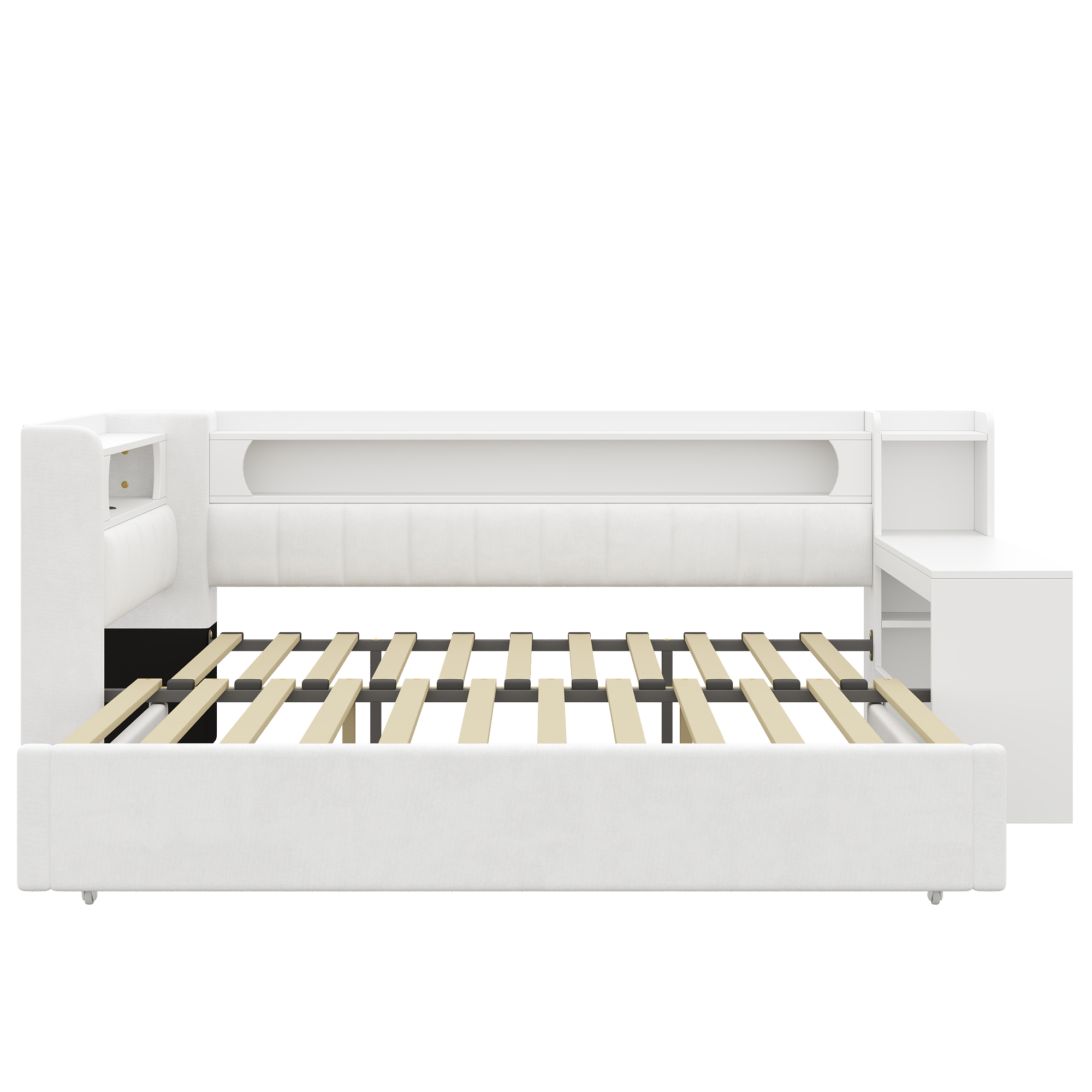 Lit banquette 90x200 cm extensible à 180x200 cm,en bois,lit enfant,lit gigogne,rangement intégré,bureau intégré,éclairage LED,port USB,blanc