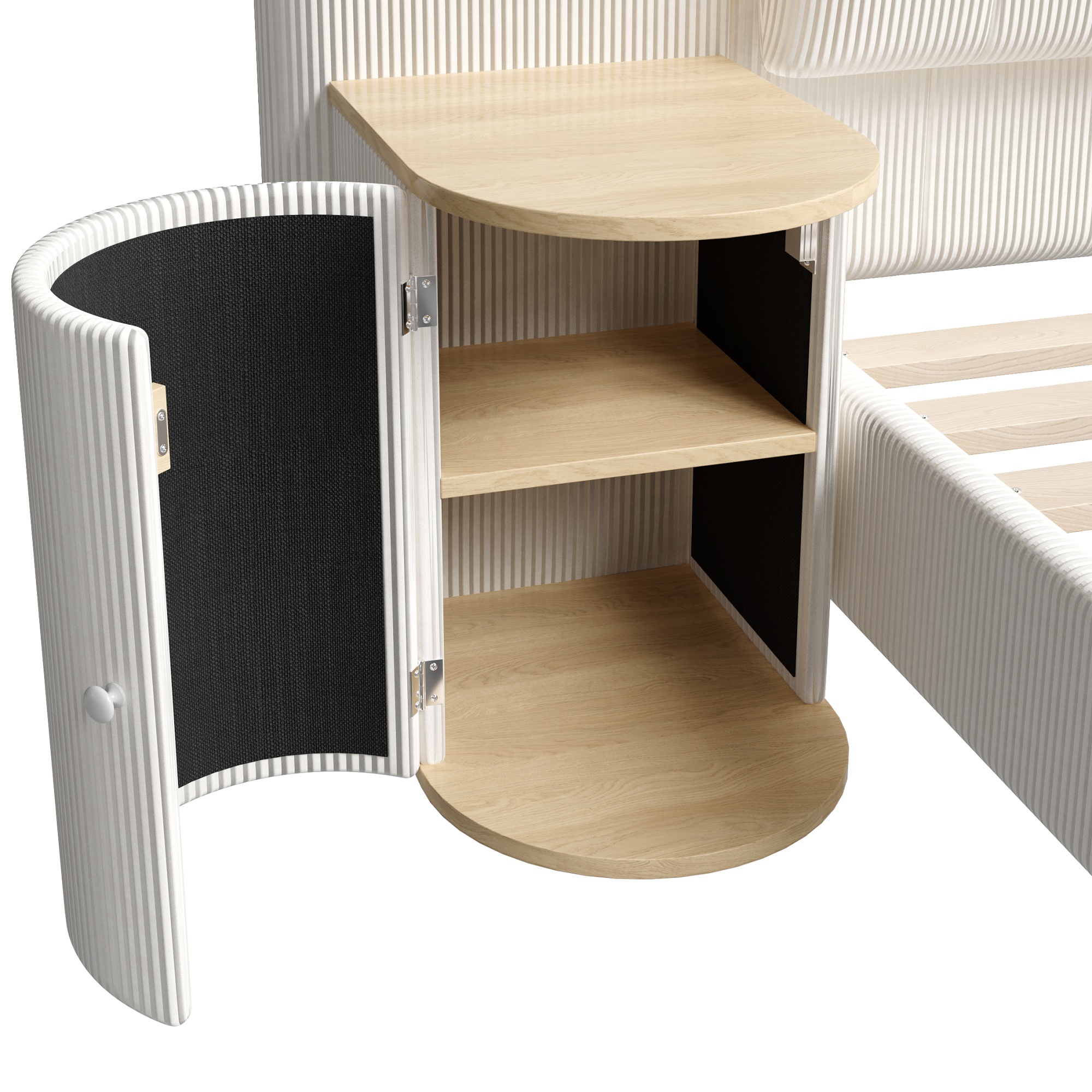 Détails de lit double 140x200 cm en velours côtelé beige avec chevets intégrés et éclairage LED