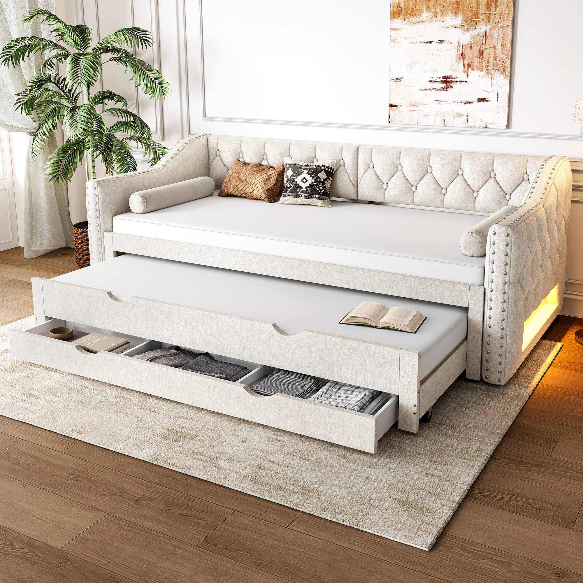 Lit gigogne rembourré en lin 90 x 200 cm avec tiroirs et LED, Beige