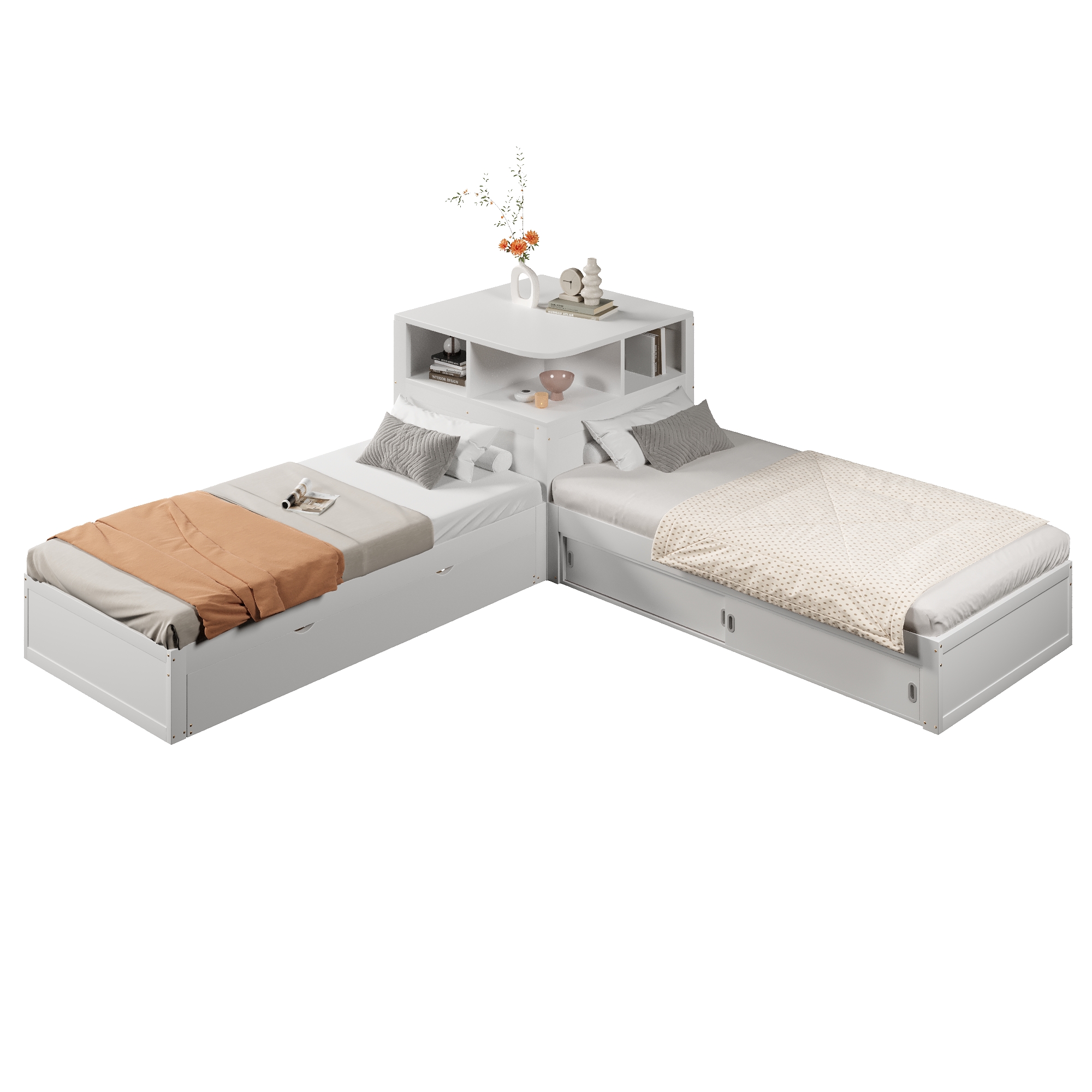 Lit plateforme 90x200 cm,en bois,lit enfant,lit gigogne,rangement à portes coulissantes,éclairage LED,blanc
