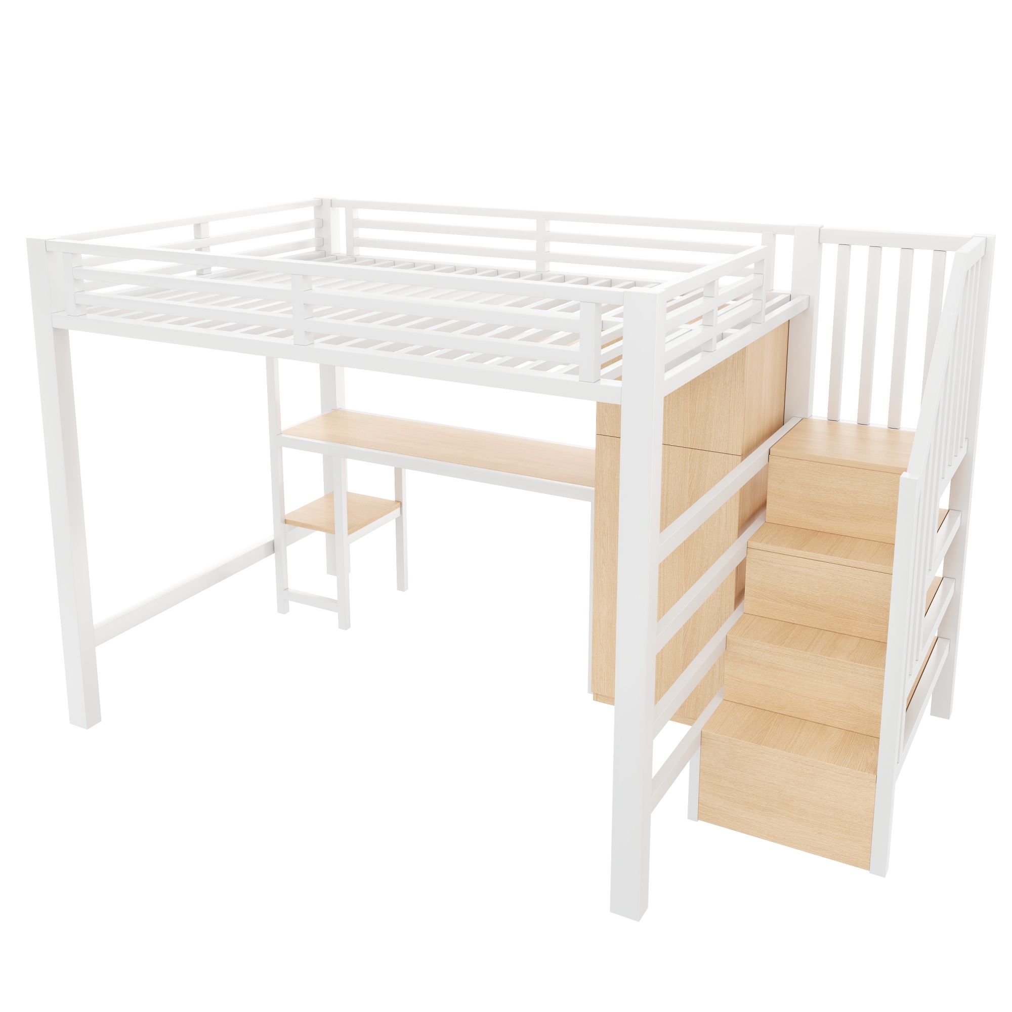 Lit mezzanine 140 x 200 cm, bureau intégré, escalier de rangement, penderie intégrée, éclairage LED au niveau du bureau, métal, blanc, 251 x 144 x 169,4 cm - points forts 1