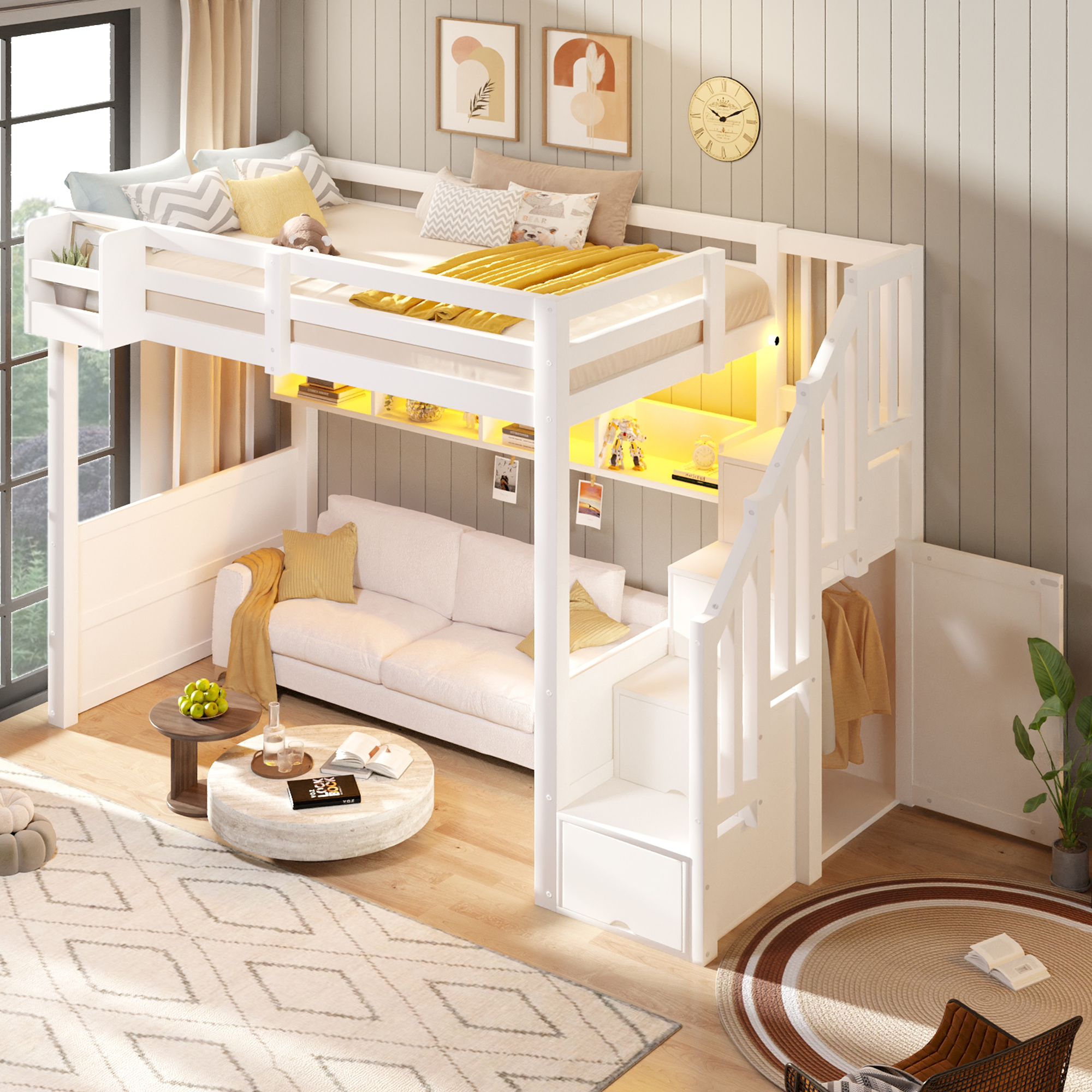 Lit mezzanine 90 x 200 cm, escalier de rangement, penderie intégrée, éclairage LED sous le couchage, garde-corps, bois de pin, blanc, 253 x 95 x 170 cm - vue principale 1