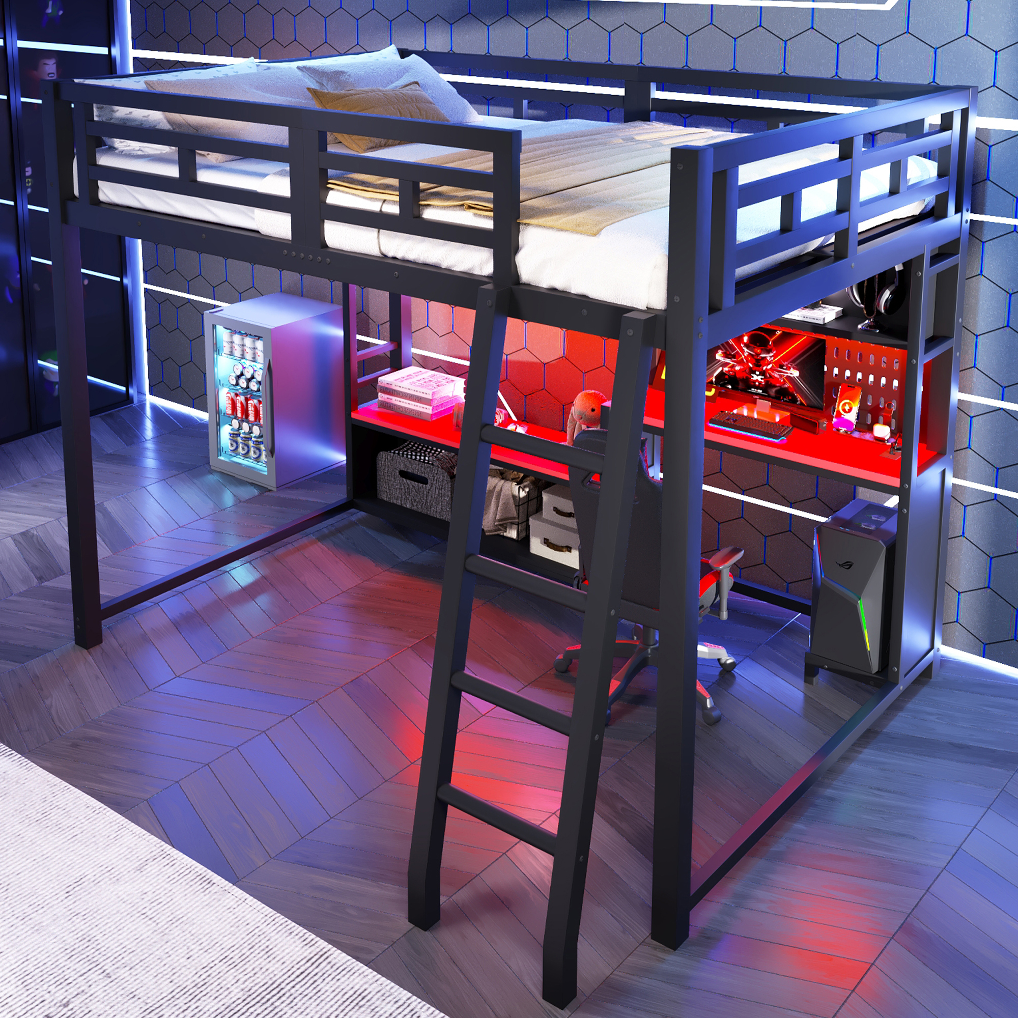 Lit Superposé Gaming 140×200 cm – LED RGB, Bureau & Rangements – Espace couchage et poste de travail combinés