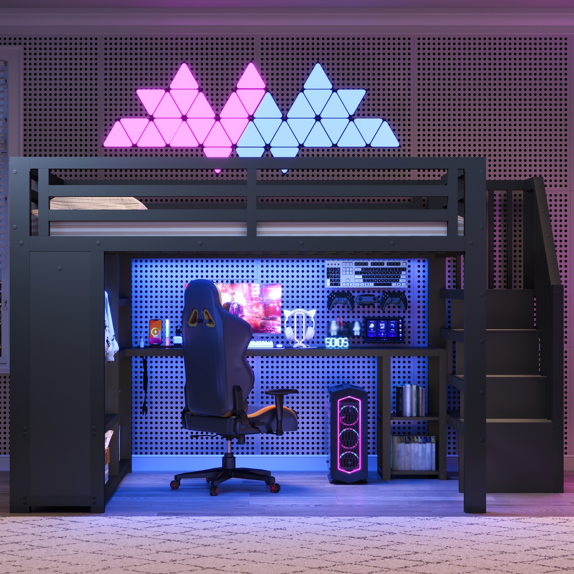 Lit mezzanine 160 x 200 cm avec éclairage LED, port USB / Type-C, rangements intégrés, bureau intégré, noir - présentation 1