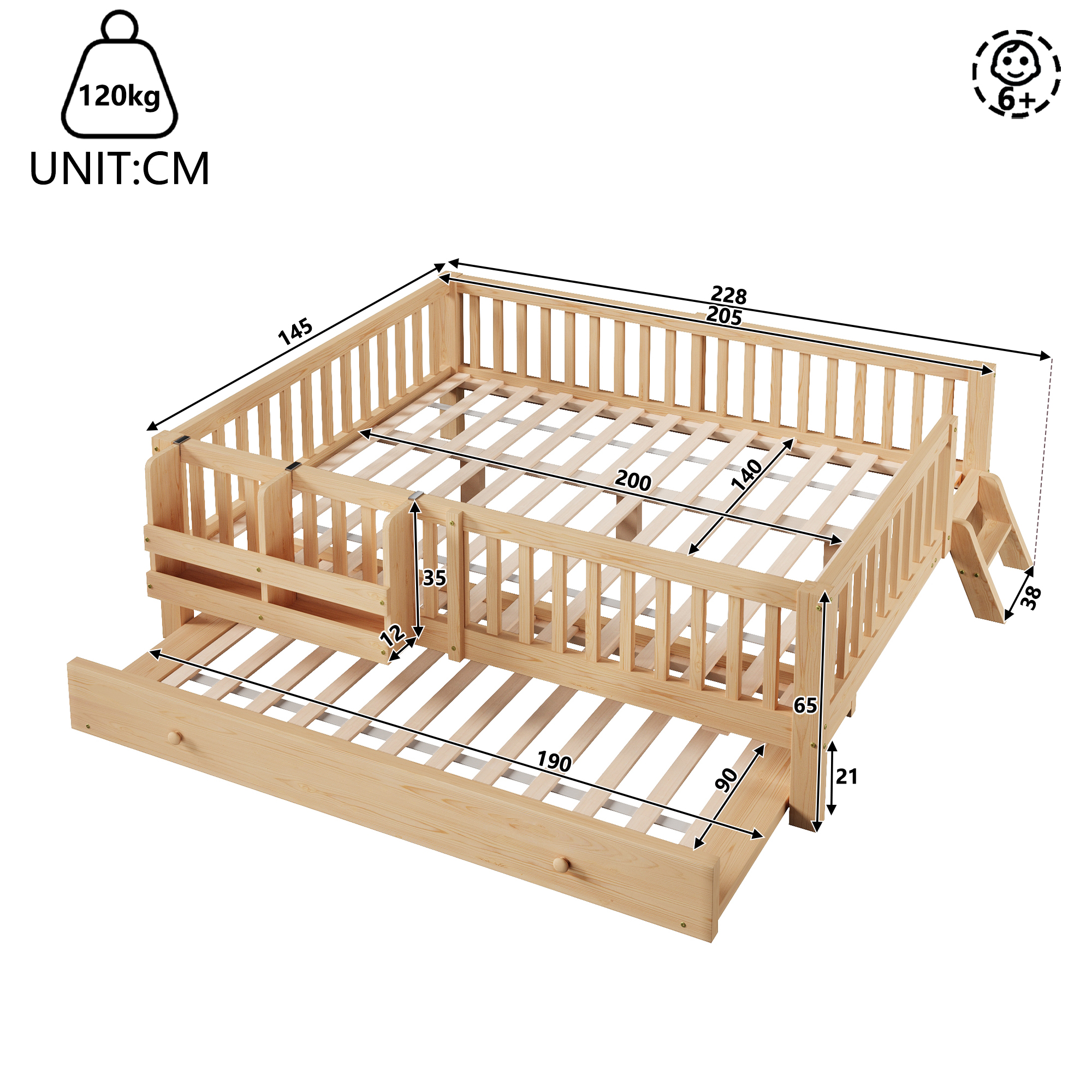 Lit banquette 140x200 cm avec rangement, lit gigogne solid wood, MDF bois naturel - points forts 1