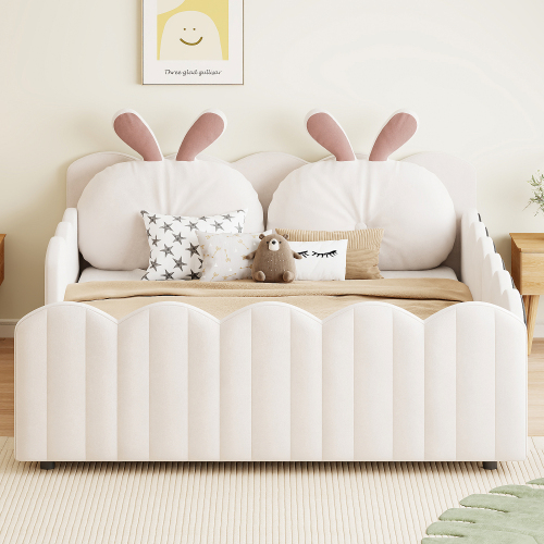 Lit plateforme rembourre beige coussin lapin