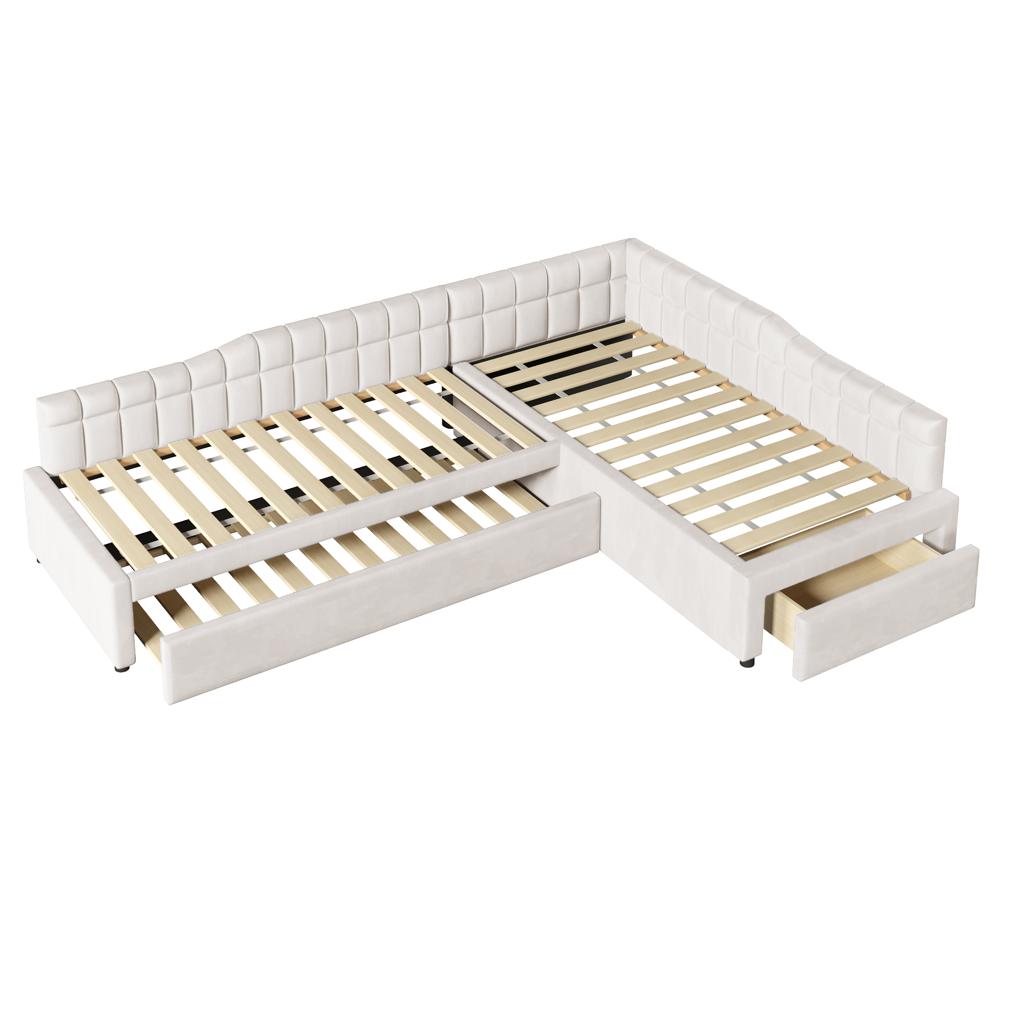 Lit rembourré 90 x 200 cm, lit gigogne 90 x 200 cm, tiroirs de rangement, MDF, beige, 295,5 x 95,5 x 57,5 cm 🛏️↔ - spécifications 1