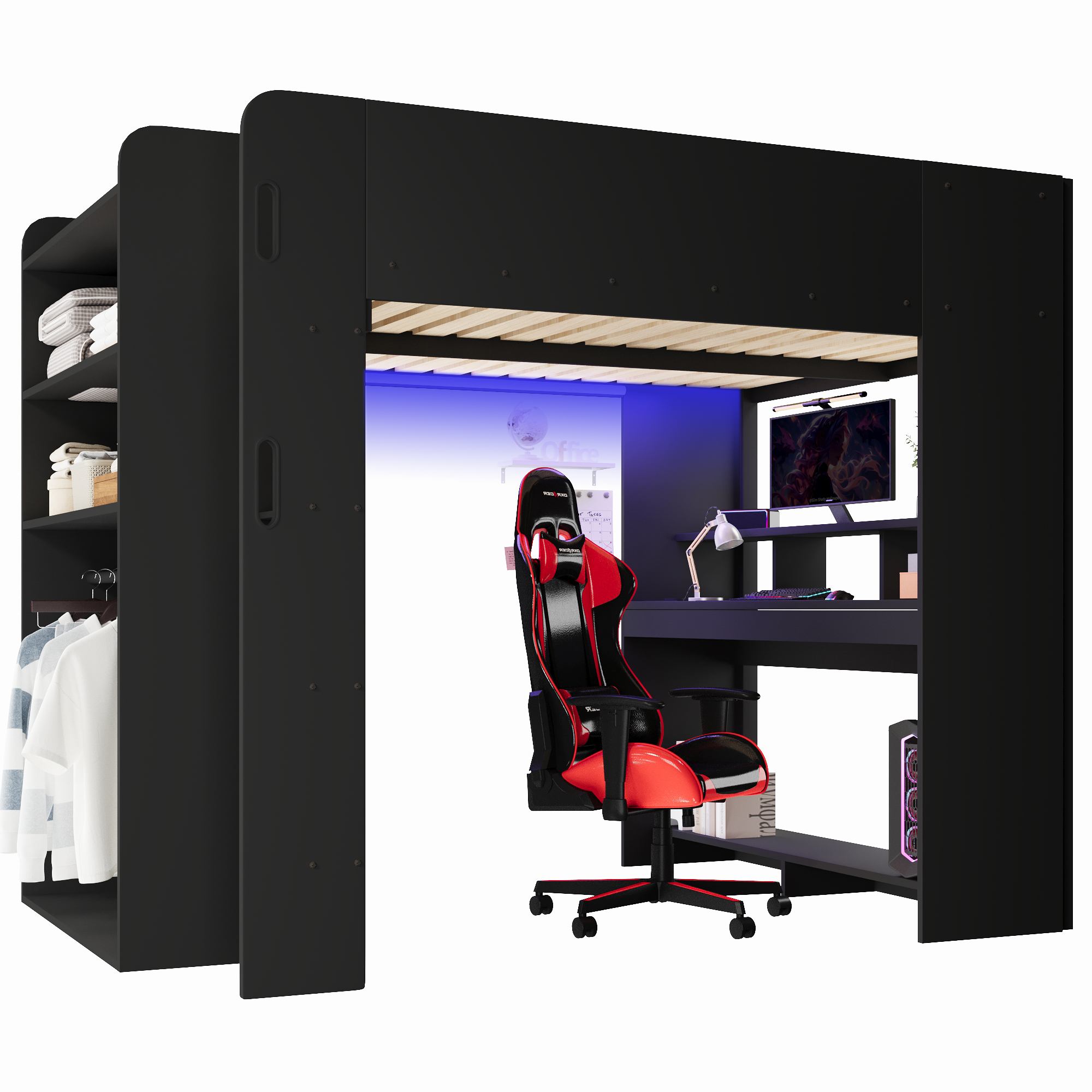 Lit Superposé Gaming 140×200 cm – Bureau & Rangements Intégrés – Montage, livraison et éléments fournis