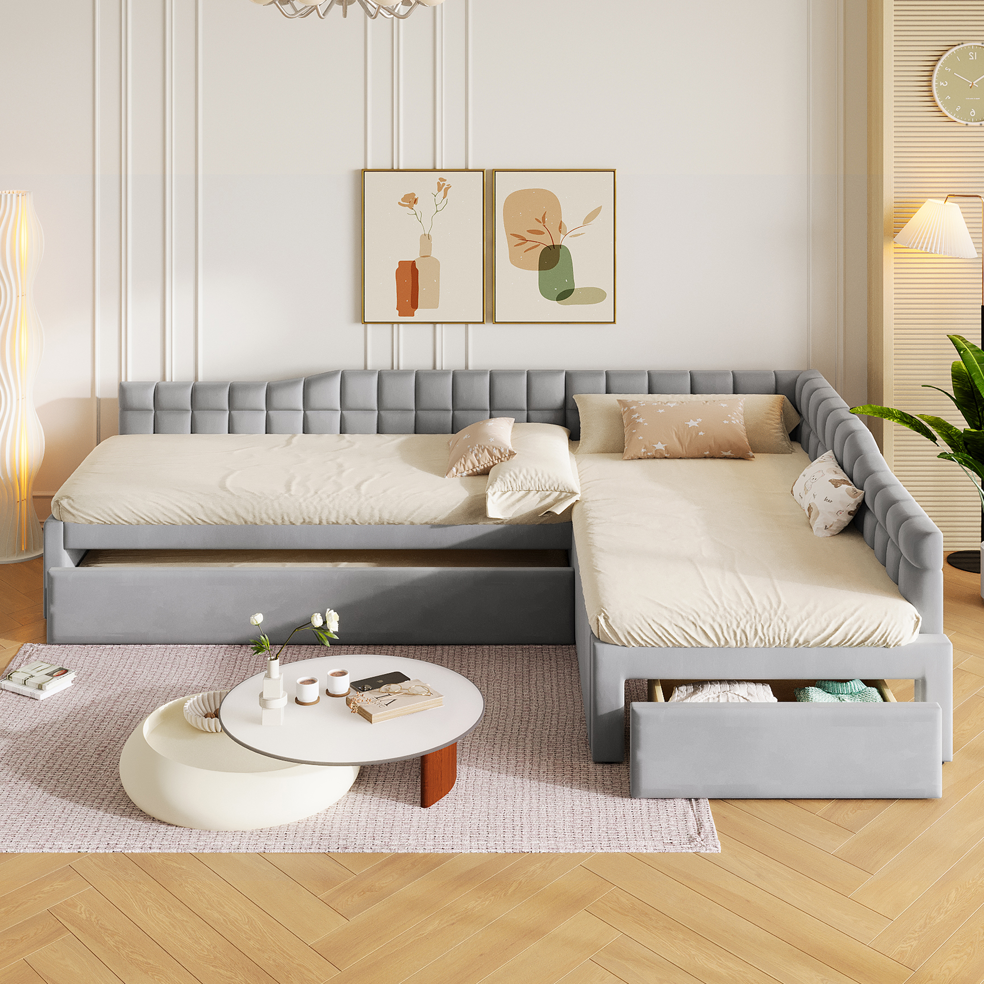 Lit rembourré 90 x 200 cm, lit gigogne 90 x 200 cm, tiroirs de rangement, MDF, gris, 295,5 x 95,5 x 57,5 cm 🛏️↔ - présentation 1