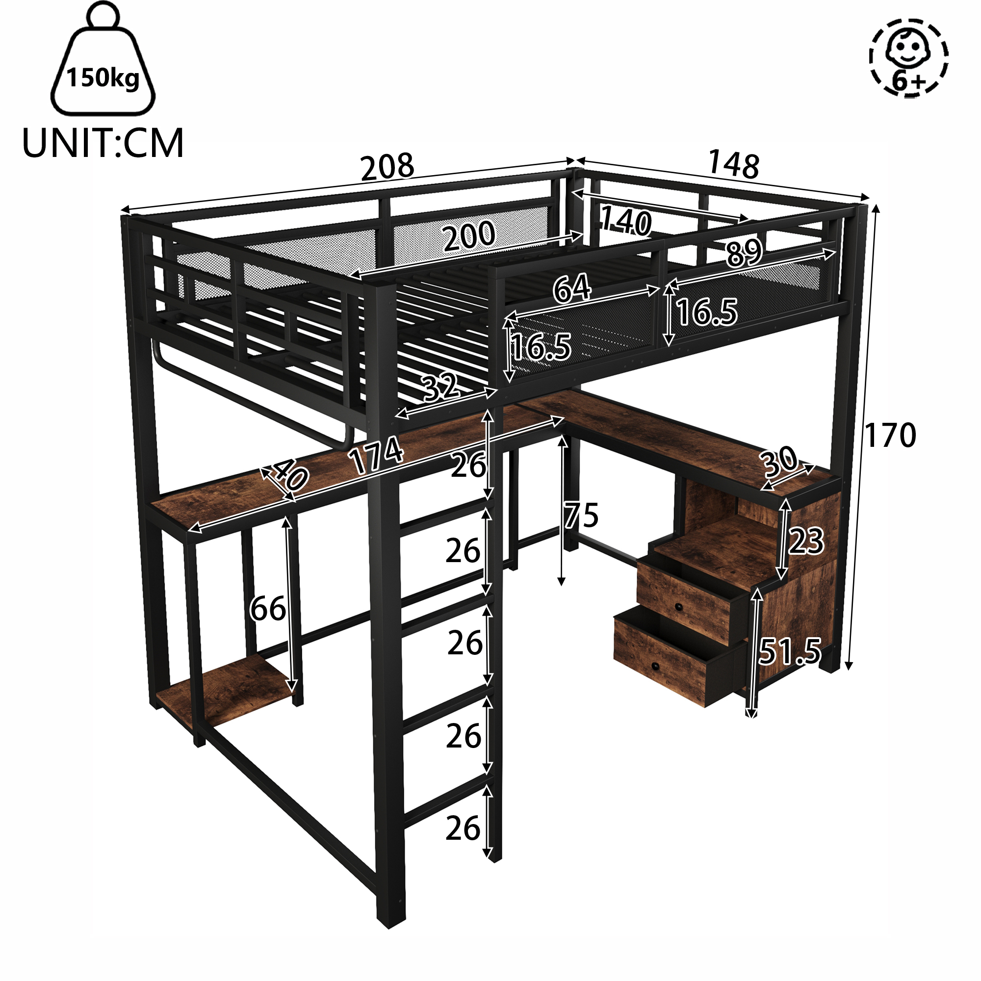Dimensions lit mezzanine 208x148x170 cm