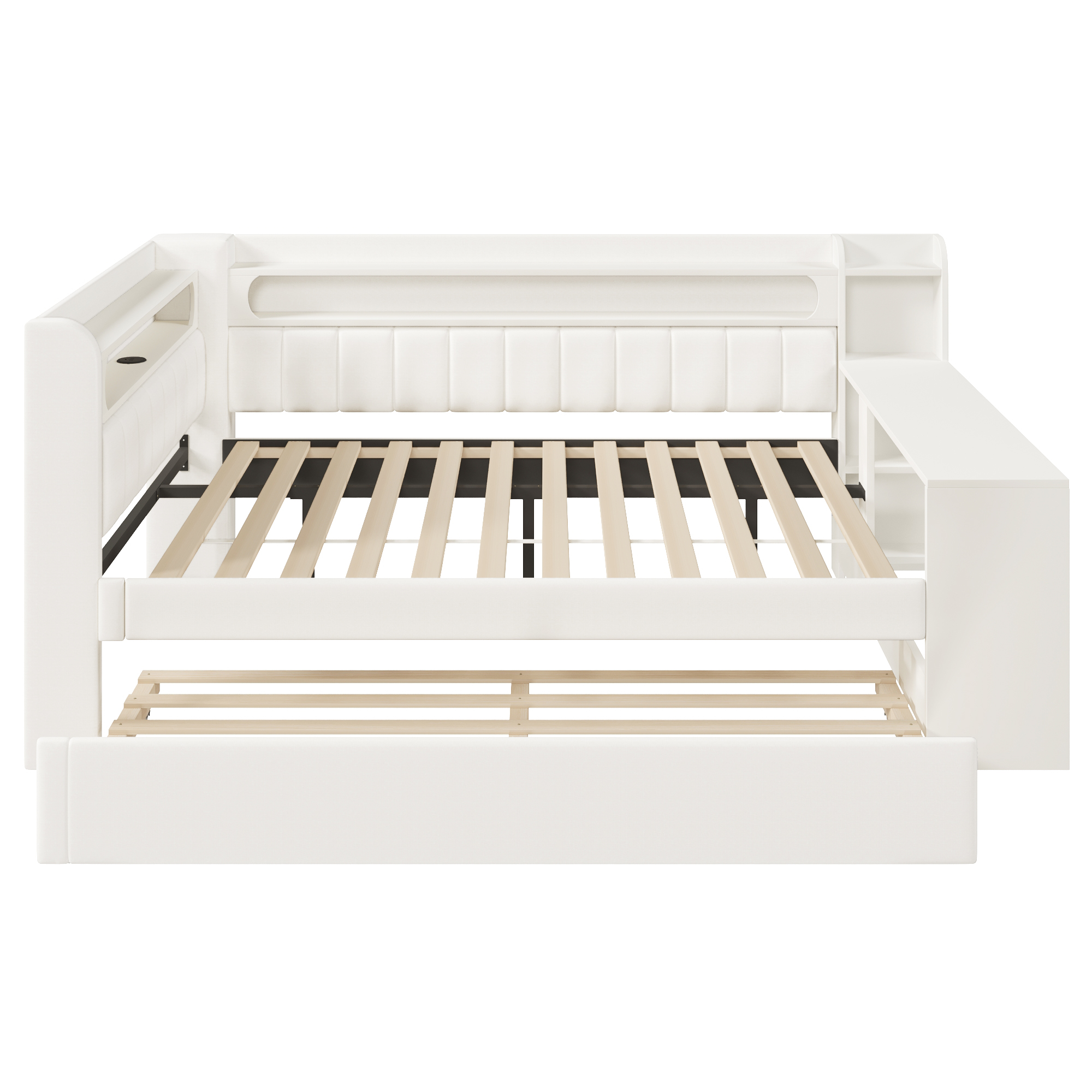 Lit banquette 140x200 cm,en bois,lit gigogne,rangement intégré,bureau intégré,éclairage LED,port USB,blanc,lit 2 places