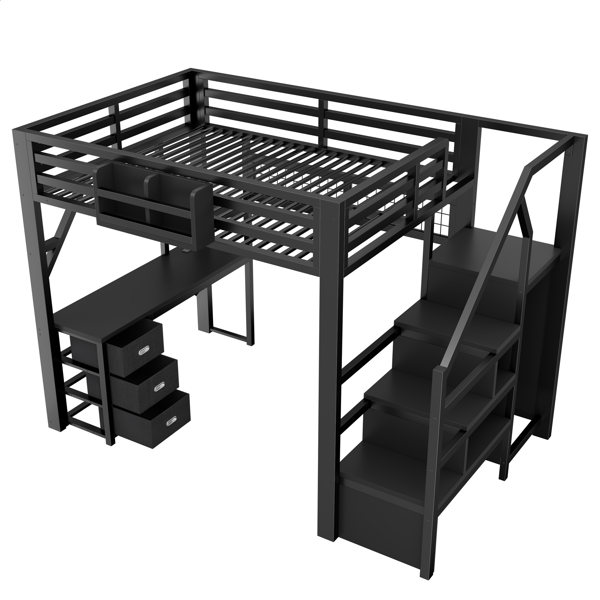 Lit mezzanine 140 x 200 cm, bureau intégré, escalier de rangement, penderie intégrée, 3 tiroirs, métal, noir, 255 x 145 x 170 cm - spécifications 1