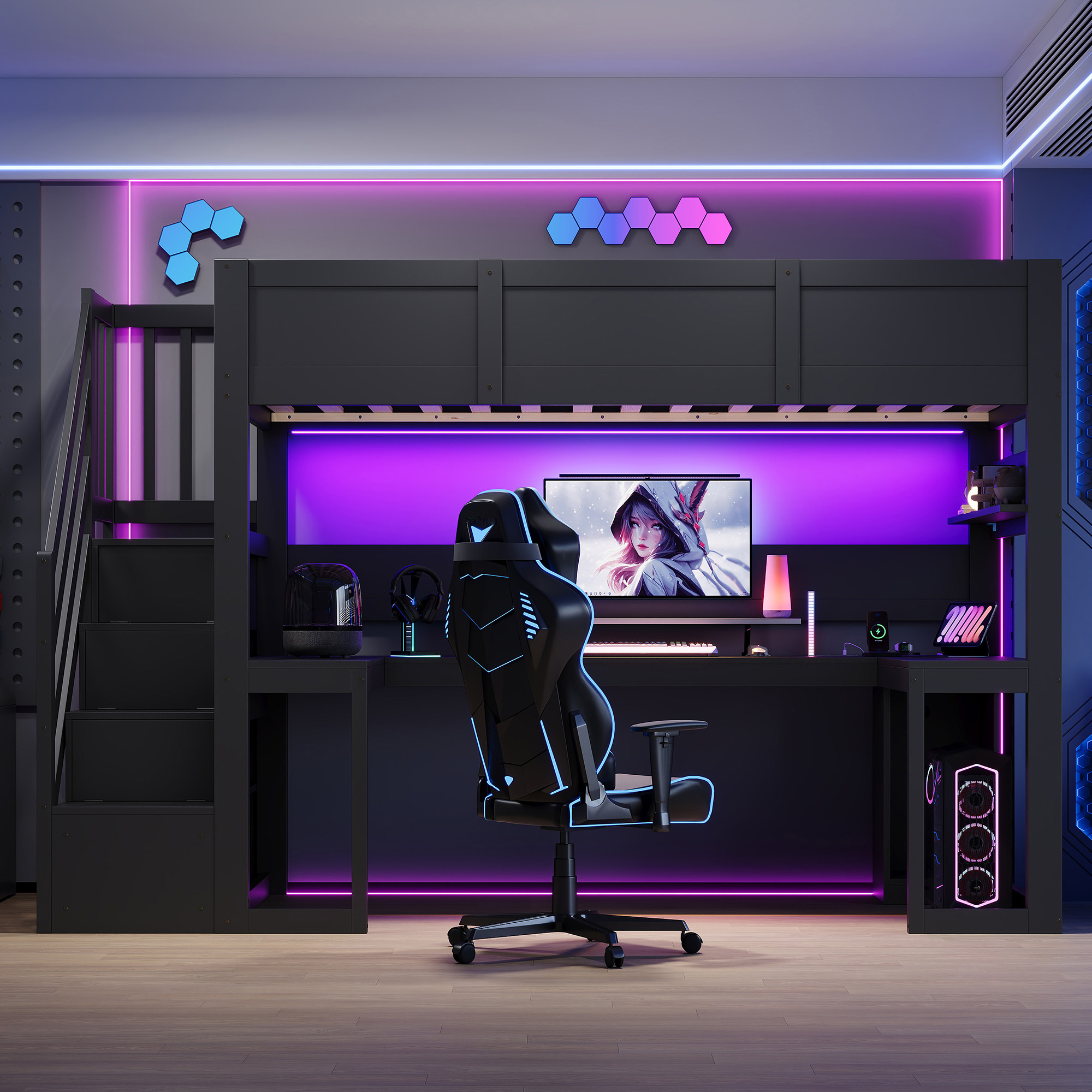 Lit Mezzanine Gaming 90×200 cm – Bureau, LED et Rangements Intégrés – Station de gaming intégrée et ports USB