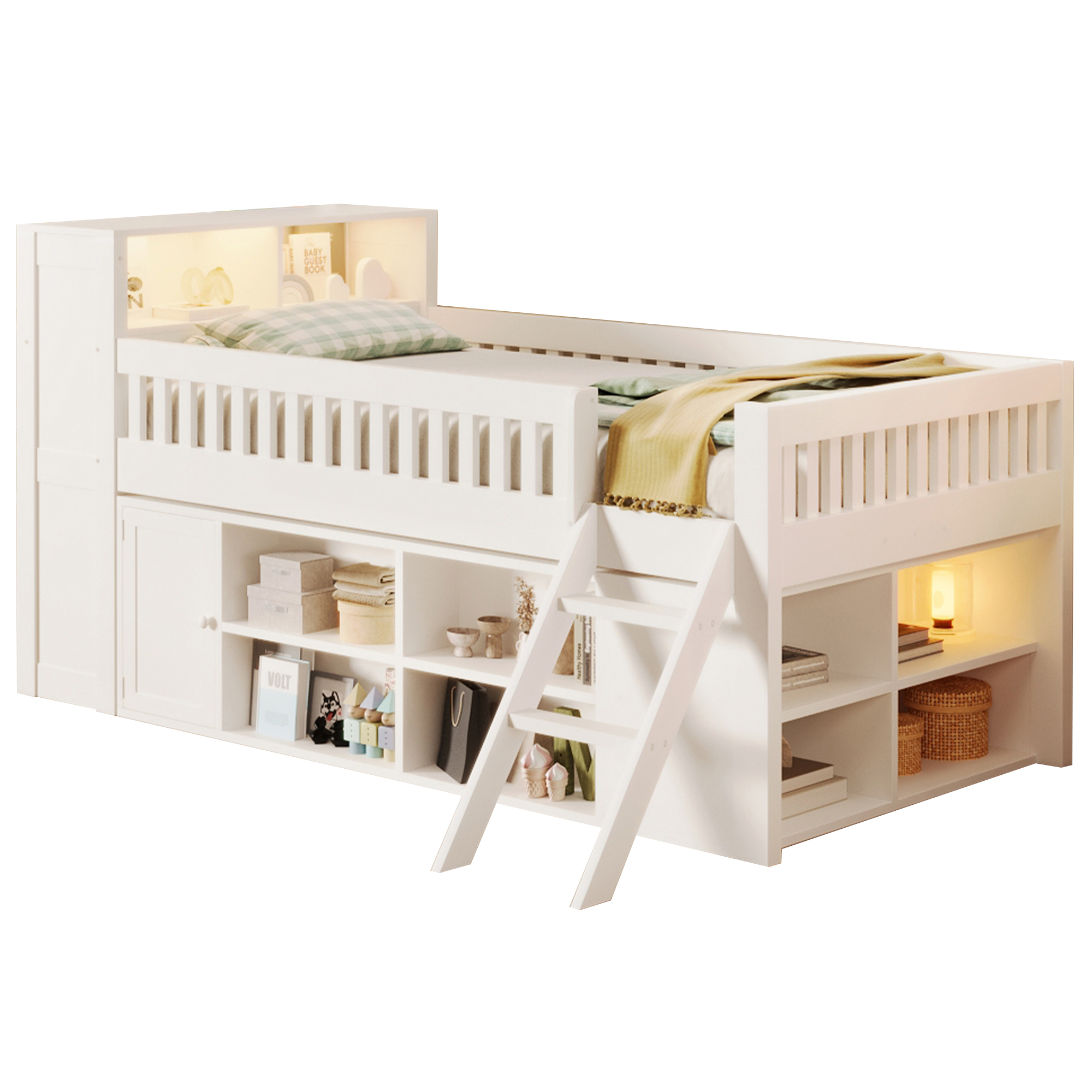 Lit banquette 120x200 cm,en bois,lit enfant,rangement intégré,éclairage LED,blanc,lit avec rangement intégré