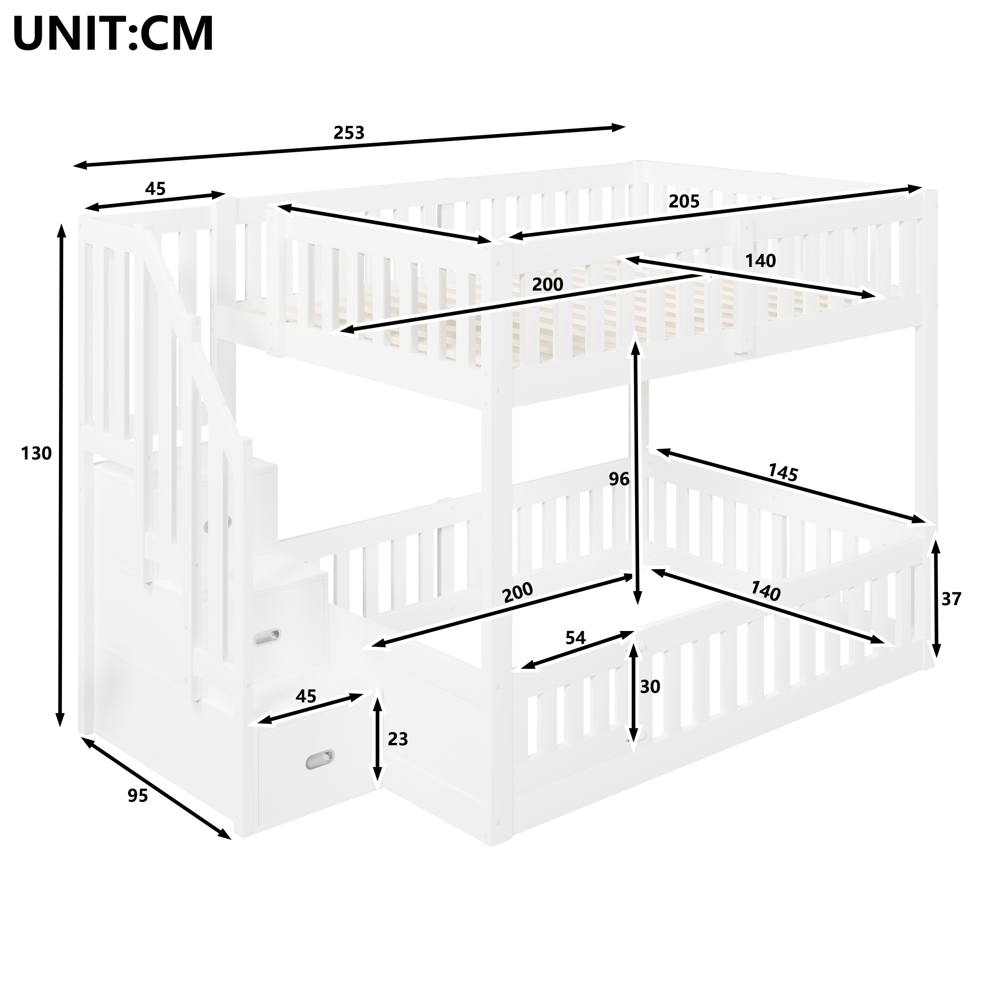 Schéma des dimensions du lit superposé bas blanc 140 x 200 cm avec escalier de rangement, longueur totale 253 cm et hauteur 130 cm