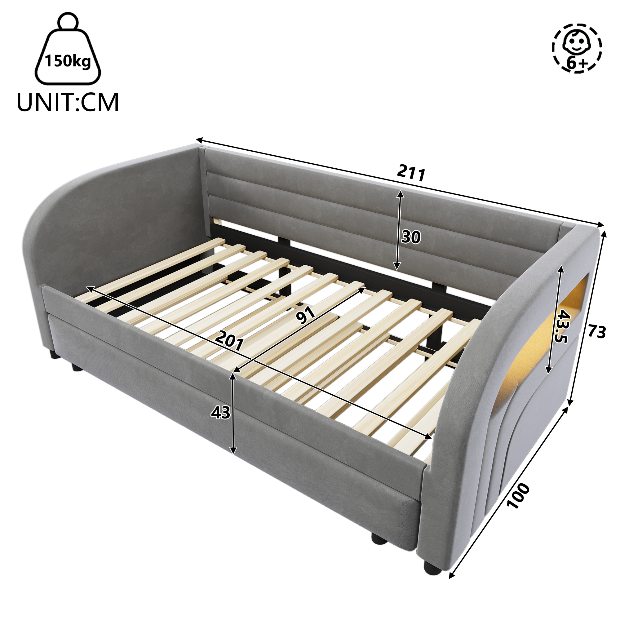 Lit plateforme 90x200 cm avec lit gigogne, LED flannelette gris - points forts 1