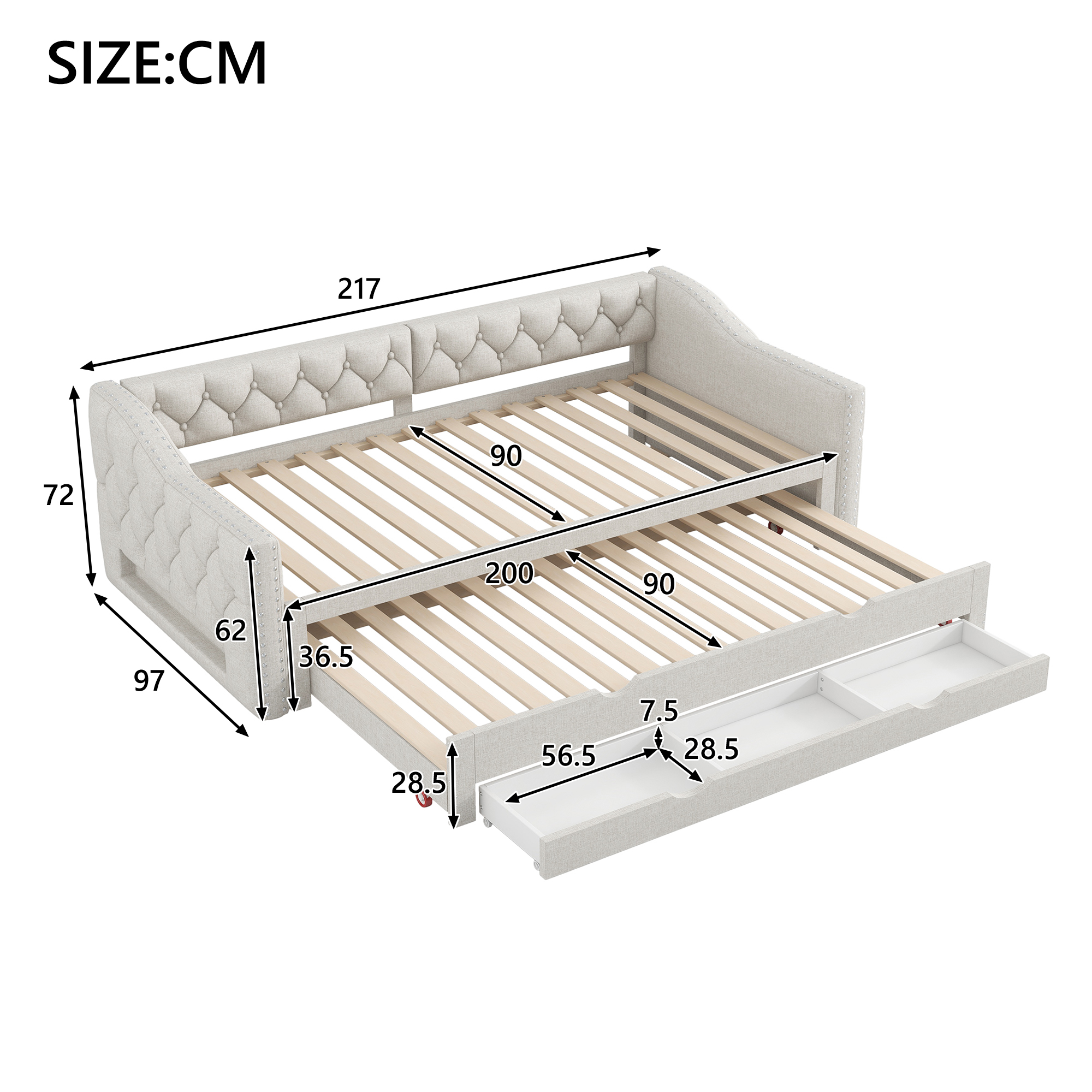 Dimensions et fonctions de Lit gigogne rembourré en lin 90 x 200 cm avec tiroirs et LED, Beige