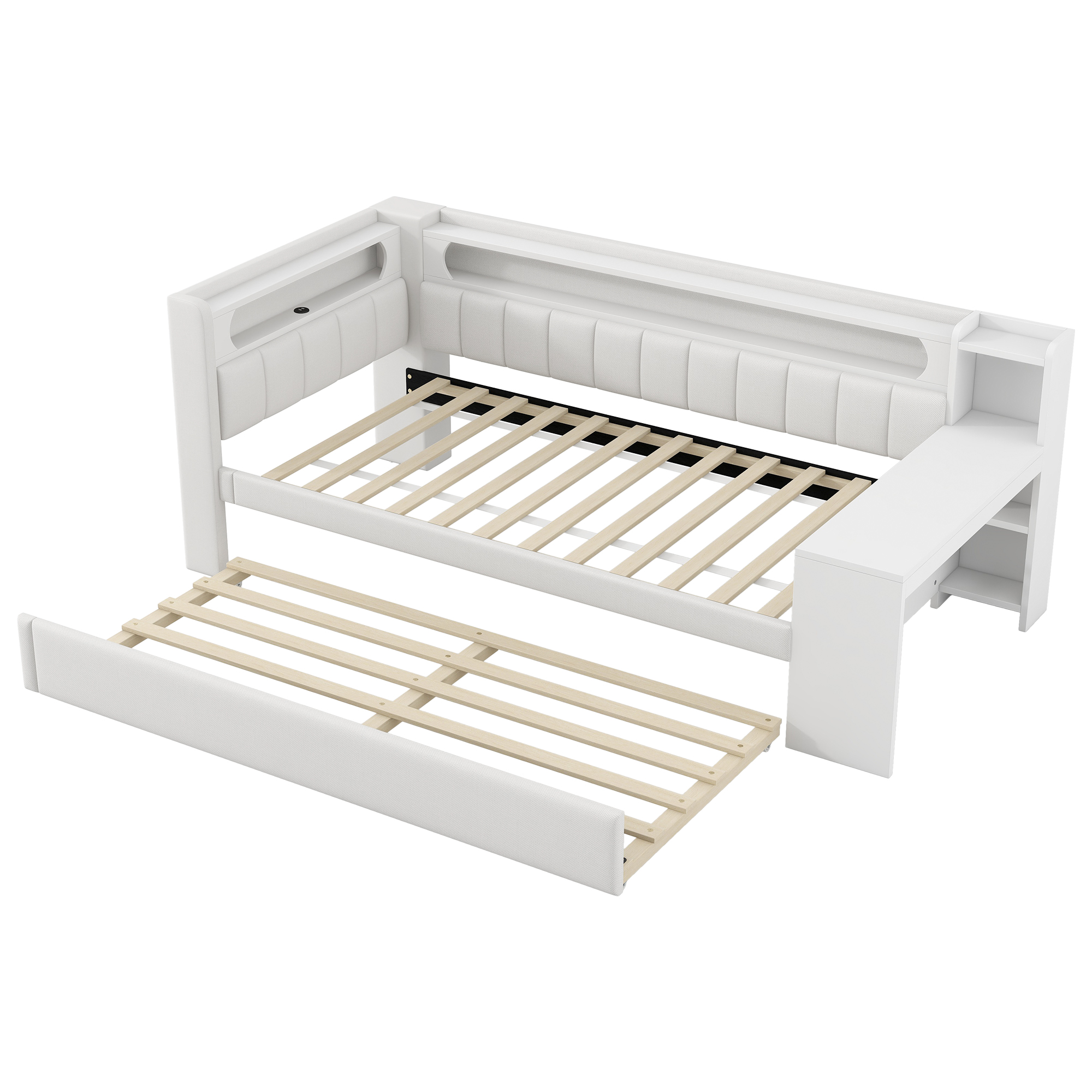 Lit banquette 90x200 cm,en bois,lit gigogne,rangement intégré,bureau intégré,éclairage LED,port USB,blanc,lit 1 place