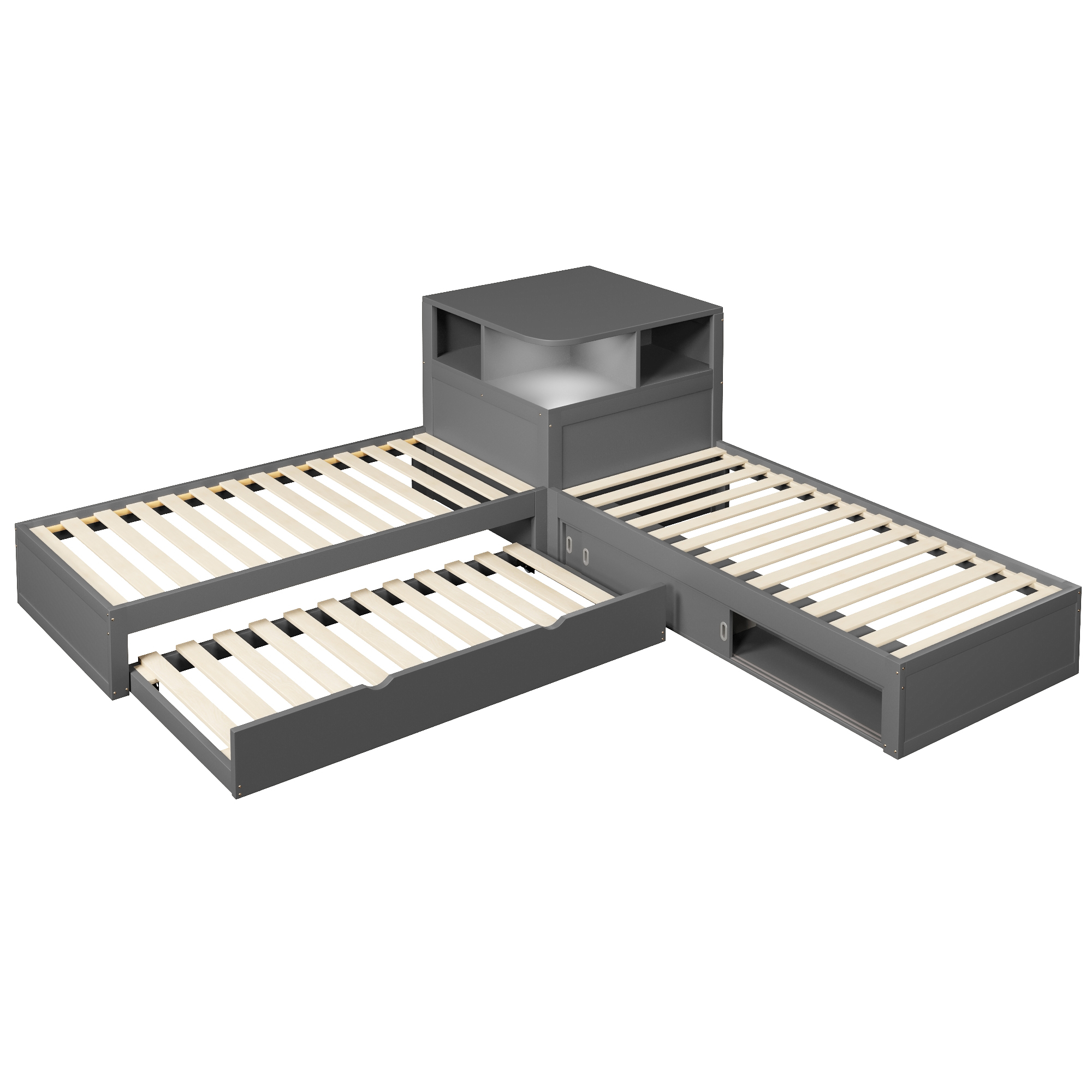 Lit plateforme 90x200 cm,en bois,lit enfant,lit gigogne,rangement à portes coulissantes,éclairage LED,gris