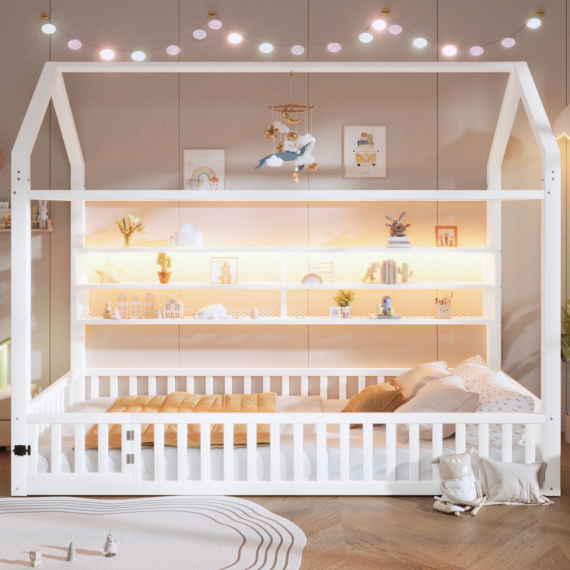 Lit plateforme 90 x 200 cm, design cabane, éclairage LED sous le couchage, garde-corps, métal, blanc, 204 x 95 x 170 cm 🏠 - présentation 1