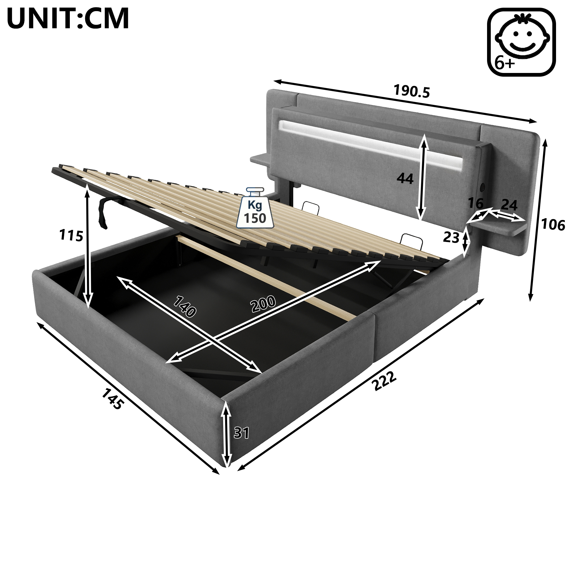 Lit banquette 140x200 cm,en lin,coffre de rangement hydraulique,éclairage LED,port USB,gris,lit 2 places,lit avec coffre de rangement