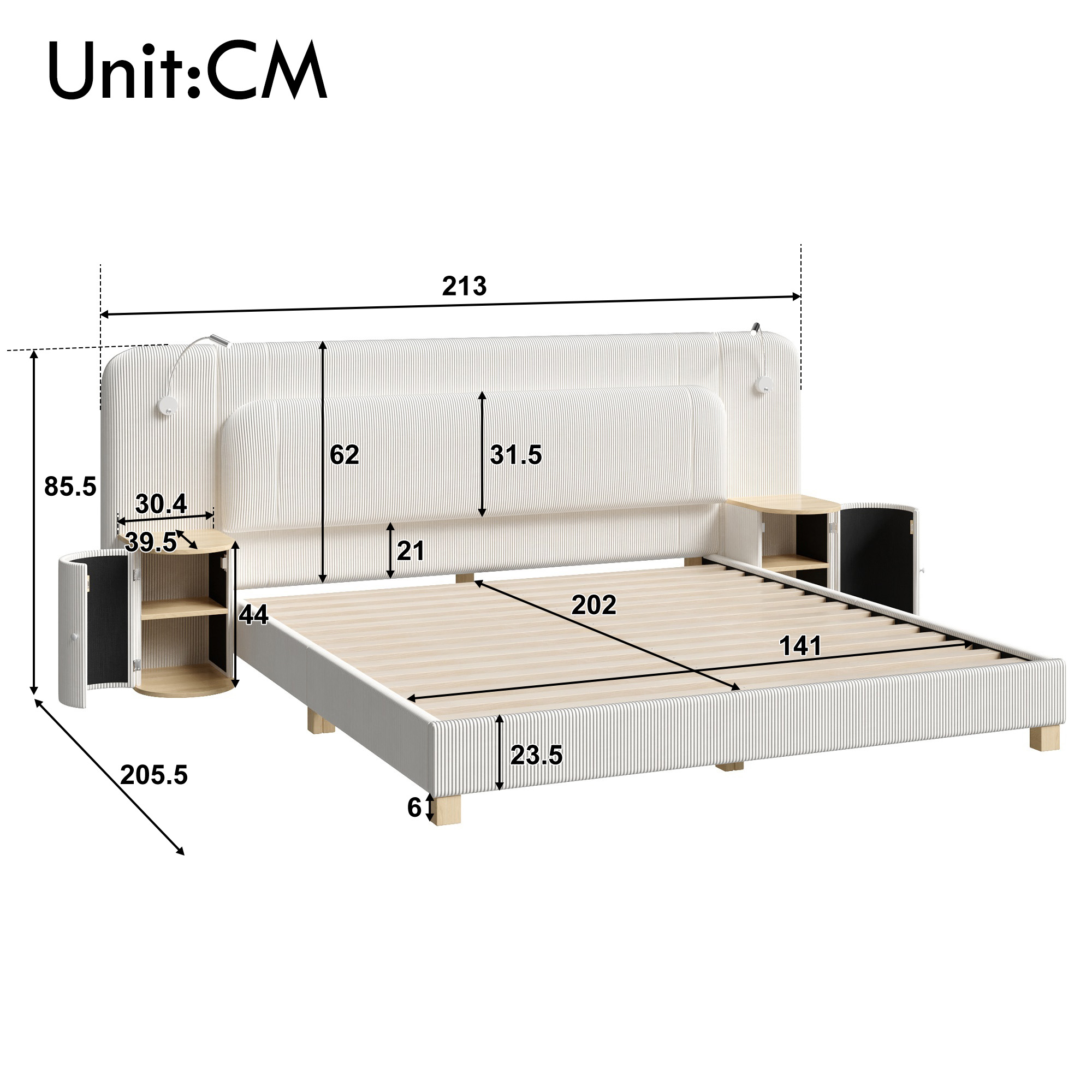 Fonctions de lit double 140x200 cm en velours côtelé beige avec chevets intégrés et éclairage LED
