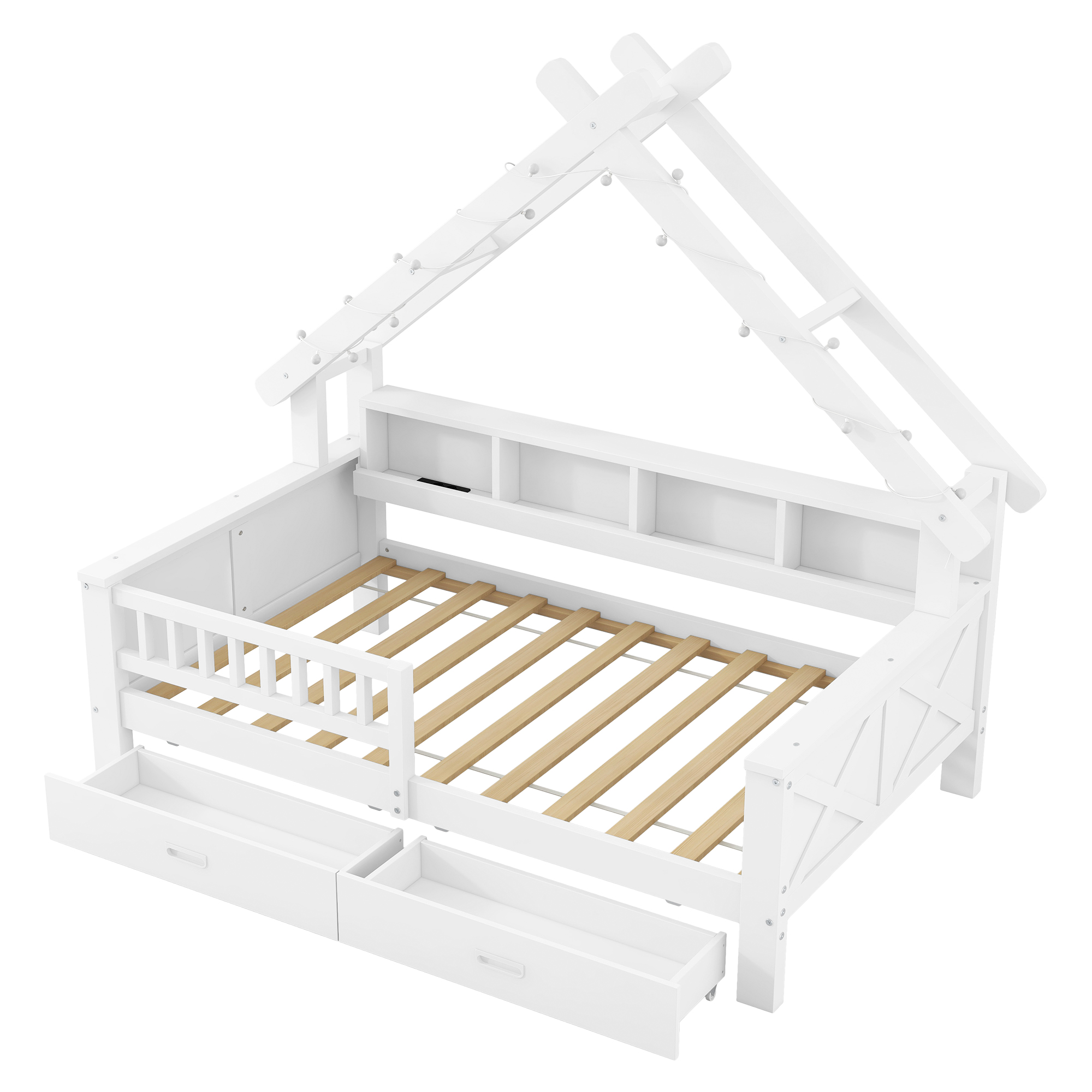 Lit cabane 90x200 cm,en bois,lit enfant,tiroirs de rangement,éclairage LED,port USB,blanc,lit avec rangement intégré