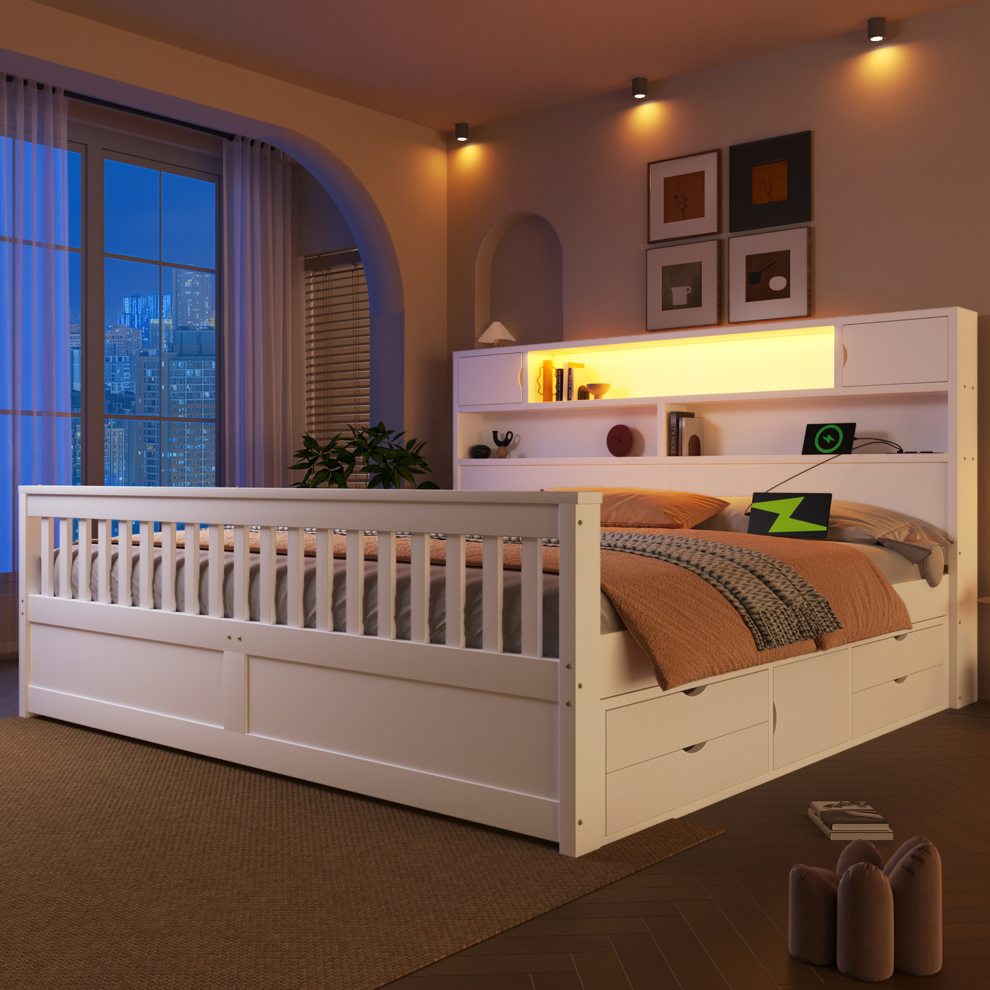 Lit plateforme blanc avec rangements