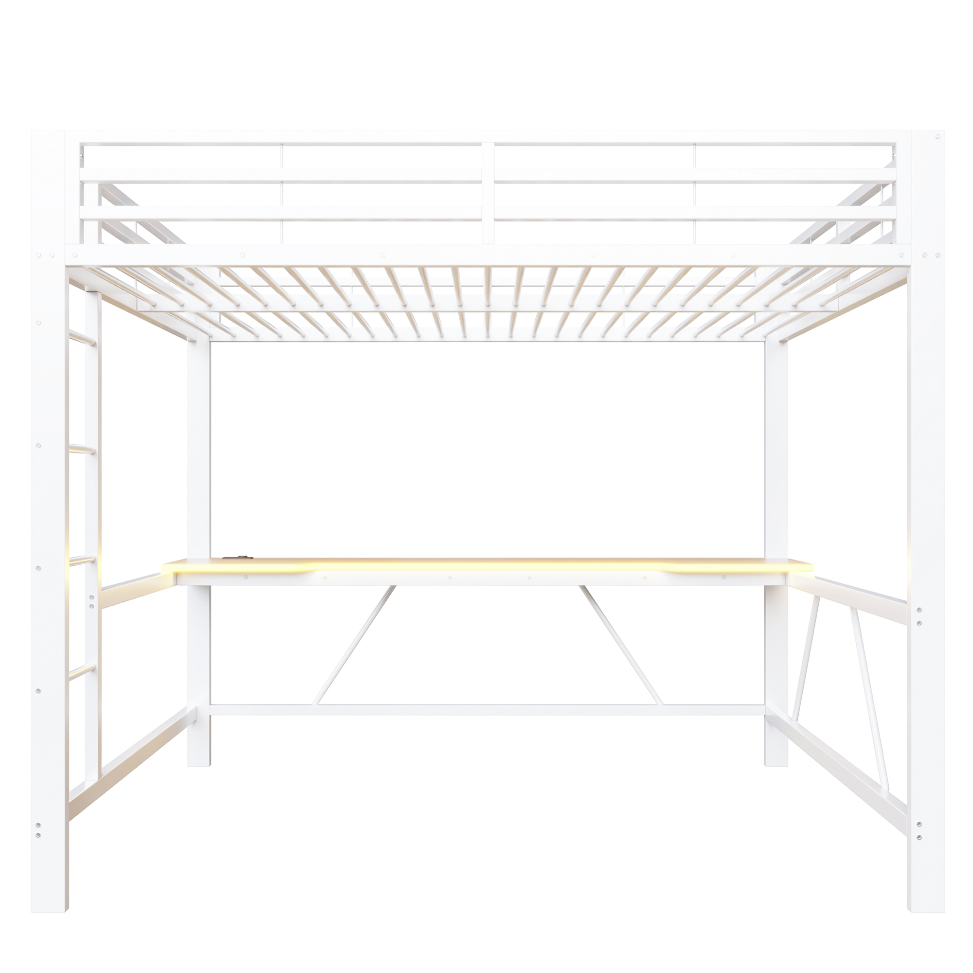 Lit mezzanine 160x200 cm,en métal,lit enfant,rangement intégré,bureau intégré,éclairage LED,port USB,blanc,lit mezzanine avec bureau