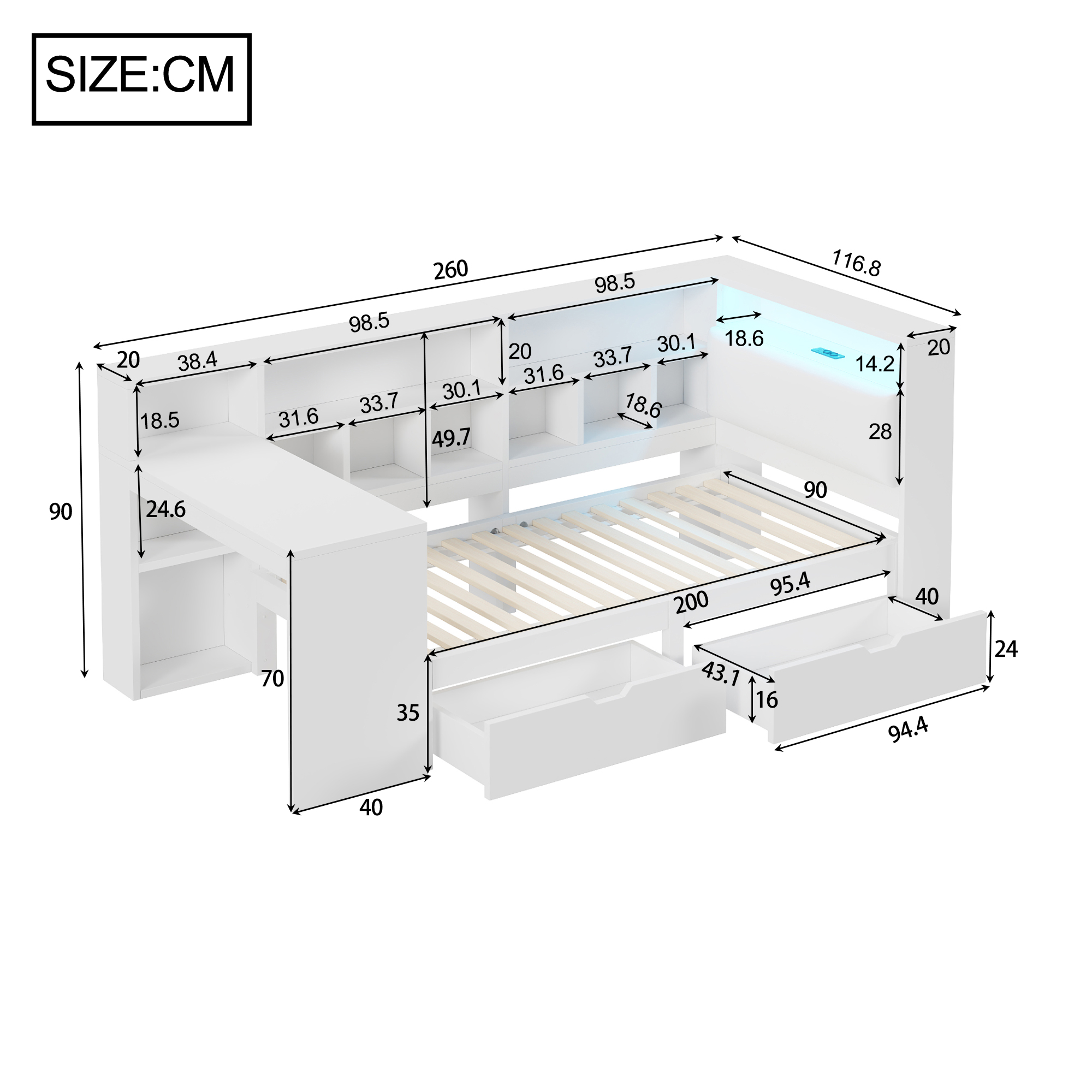 Lit / lit de chambre 90 x 200 cm avec éclairage LED, port USB / Type-C, rangements intégrés, bureau intégré, blanc - vue complémentaire 1