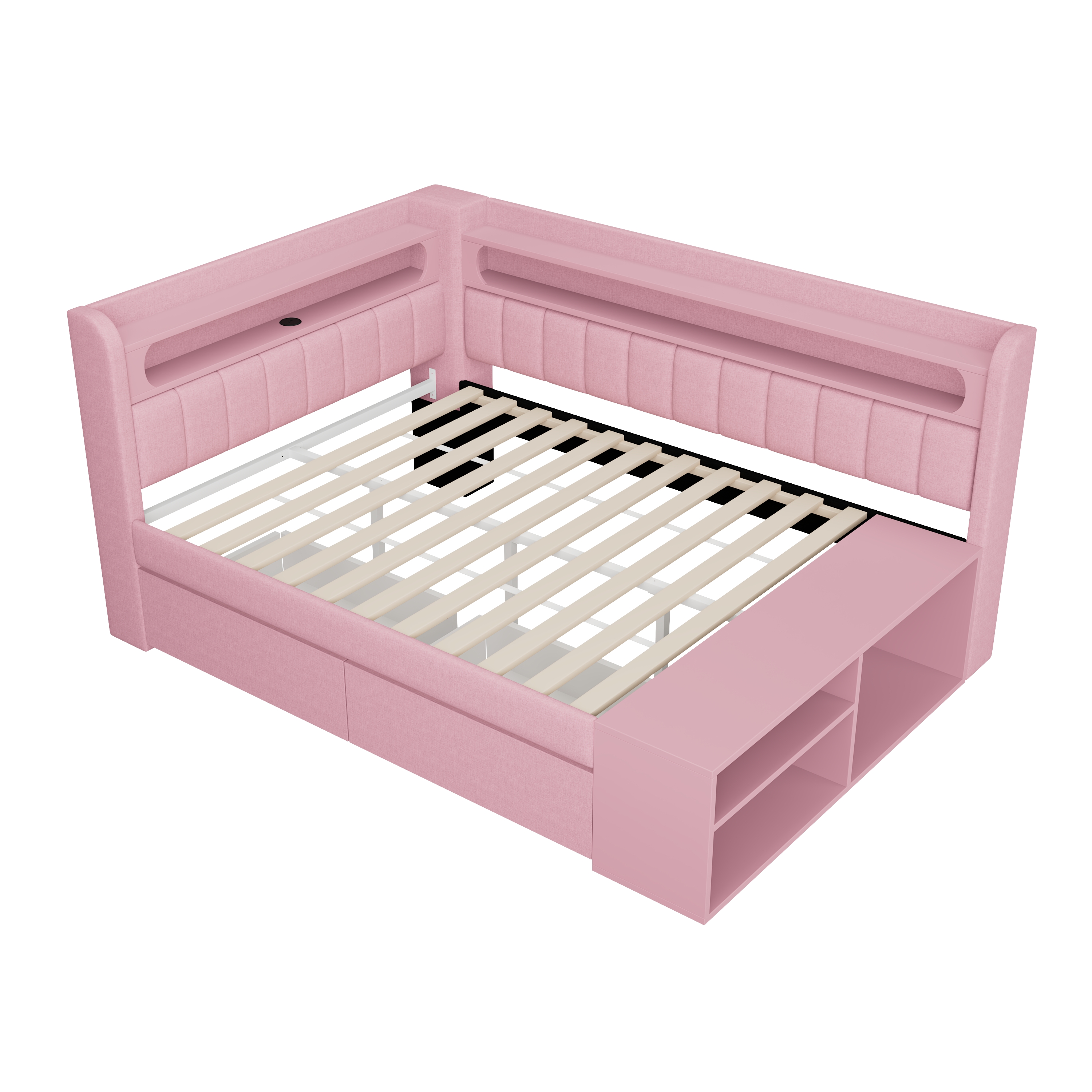 Lit banquette convertible 90x200 cm,en bois,couchage gigogne,bureau intégré,éclairage LED,port USB,rose,lit 1 place,lit avec rangement intégré