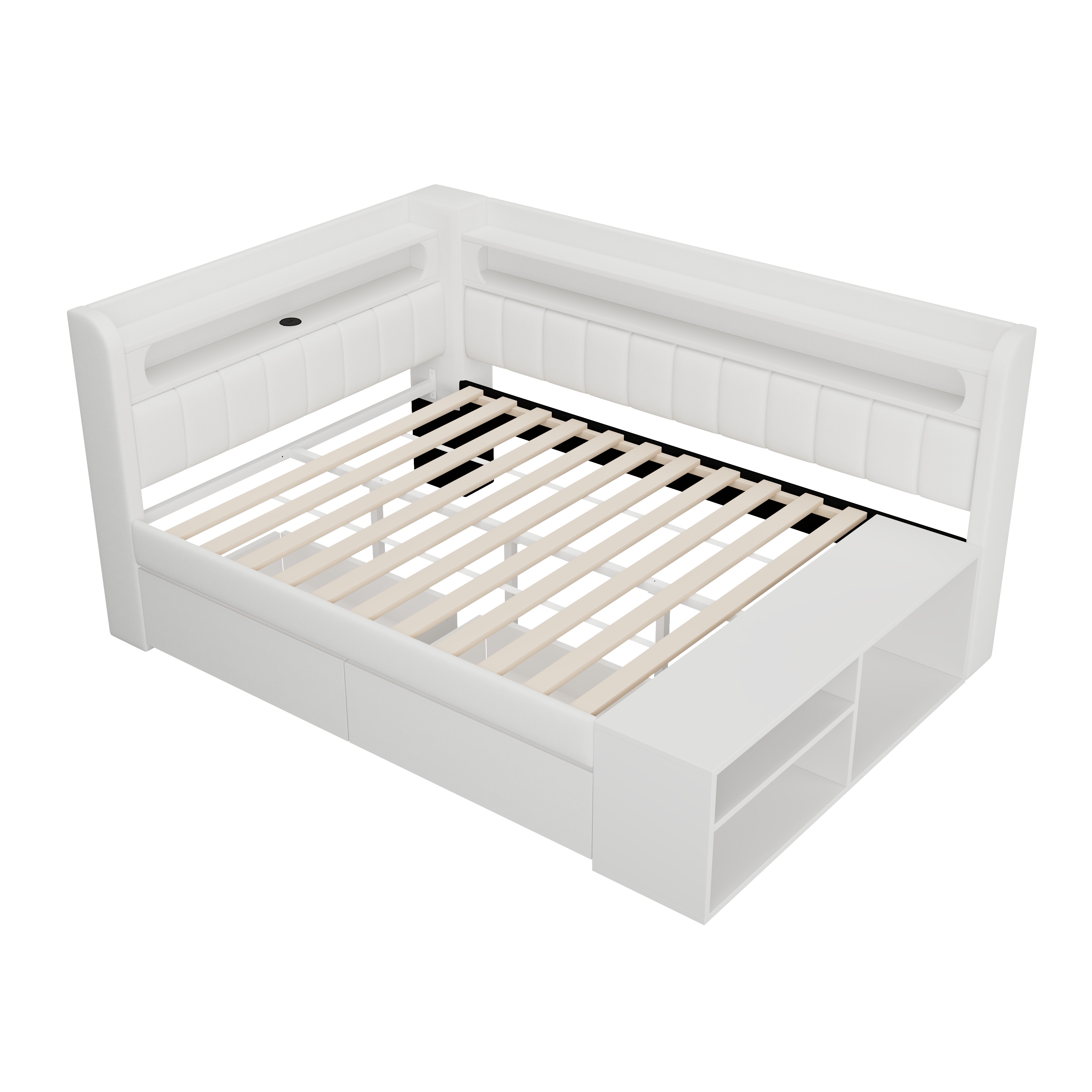 Lit banquette convertible 90x200 cm,en bois,couchage gigogne,bureau intégré,éclairage LED,port USB,blanc,lit 1 place,lit avec rangement intégré