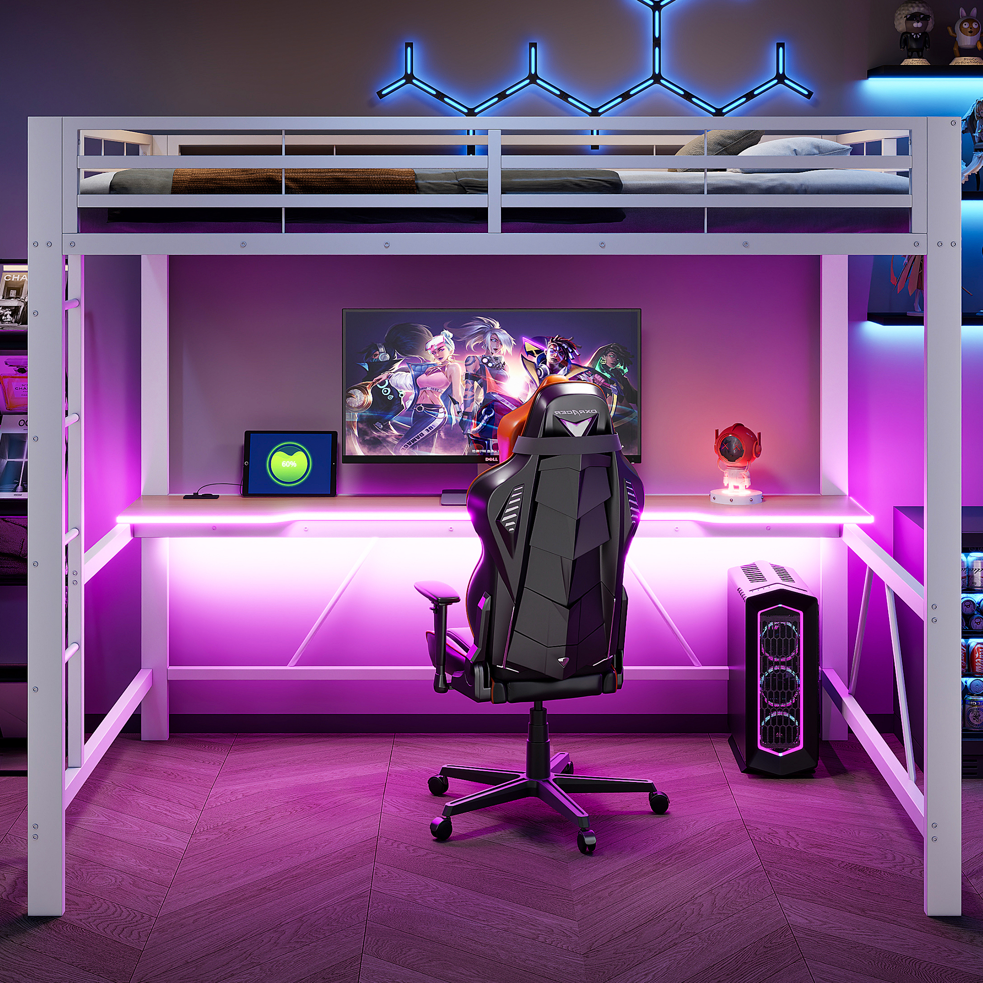 Lit mezzanine 140 x 200 cm, bureau intégré, éclairage LED sous le couchage, port USB, garde-corps, métal, blanc, 204 x 145 x 180 cm - vue principale 1