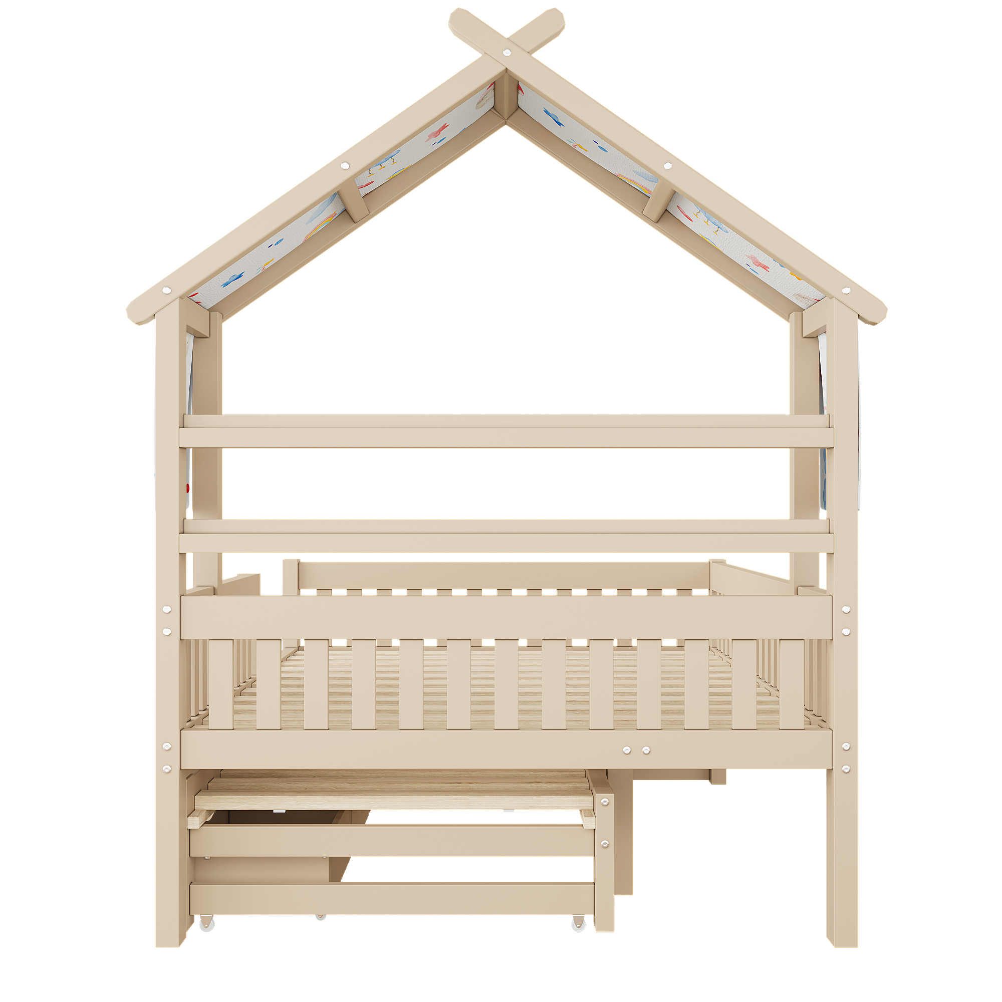 Lit cabane 140x200 cm,en bois,lit enfant,lit gigogne,port USB,Écru