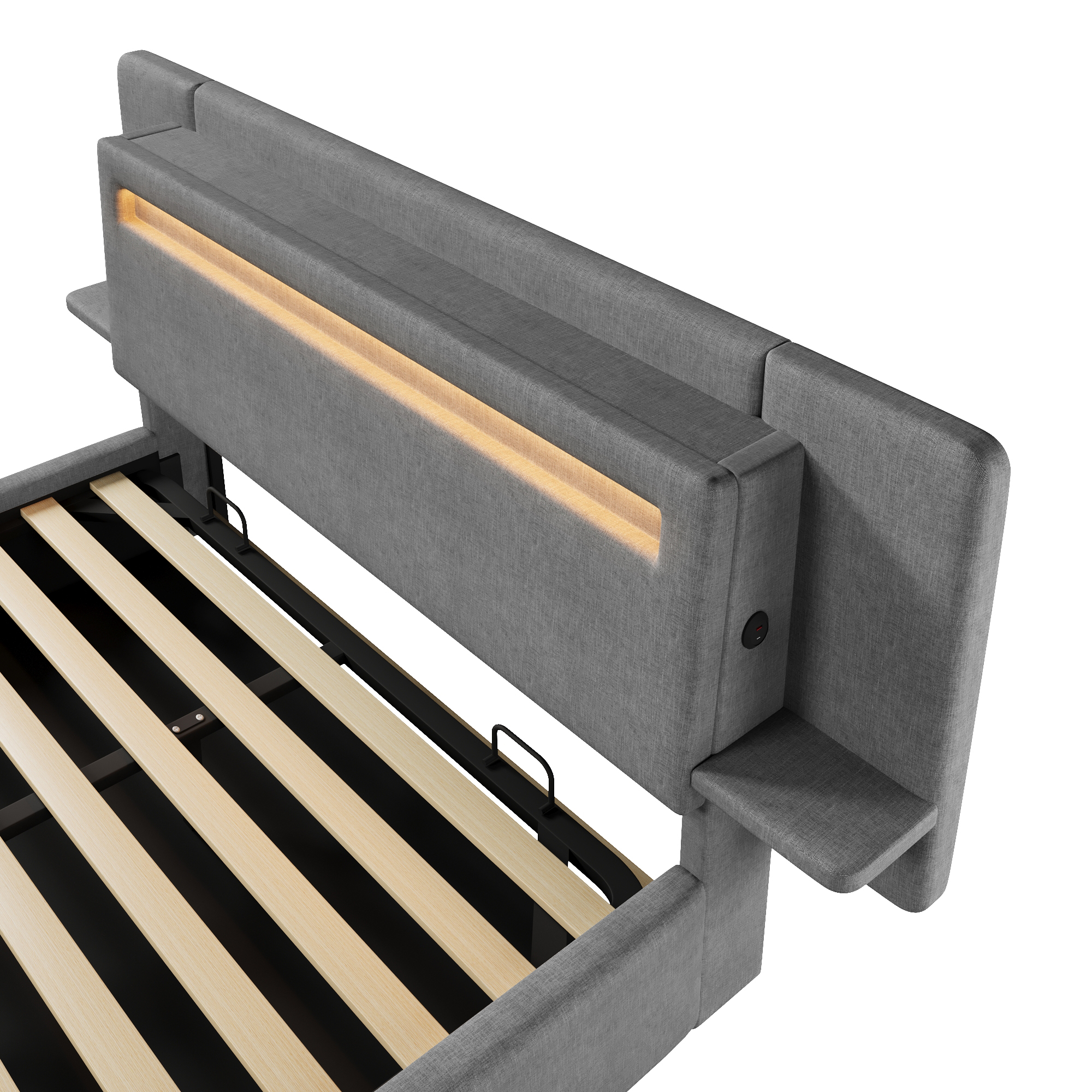 Lit banquette 140x200 cm,en lin,coffre de rangement hydraulique,éclairage LED,port USB,gris,lit 2 places,lit avec coffre de rangement