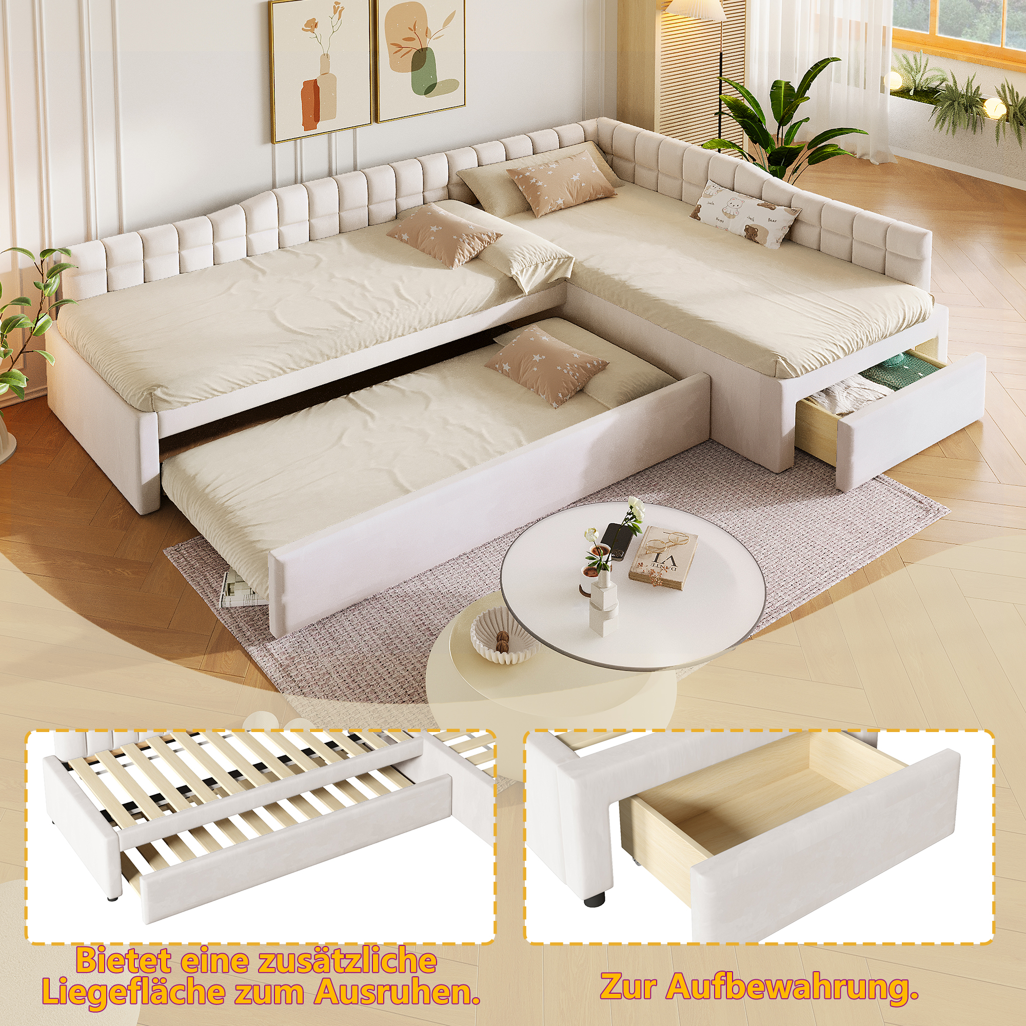 Lit rembourré 90 x 200 cm, lit gigogne 90 x 200 cm, tiroirs de rangement, MDF, beige, 295,5 x 95,5 x 57,5 cm 🛏️↔ - vue principale 1