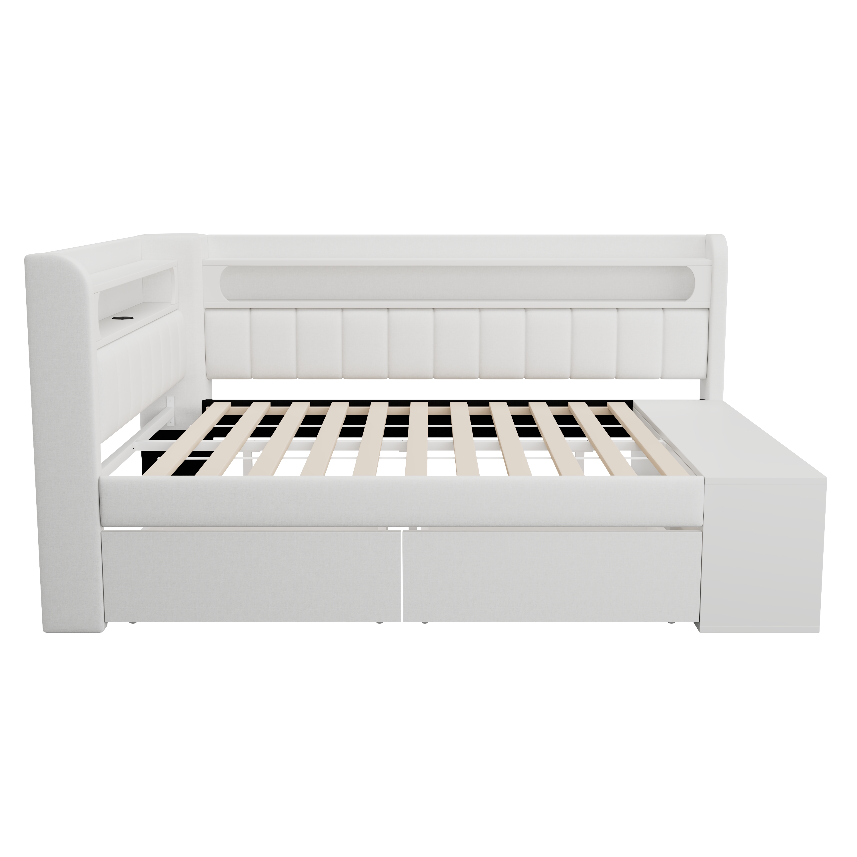 Lit banquette convertible 90x200 cm,en bois,couchage gigogne,bureau intégré,éclairage LED,port USB,blanc,lit 1 place,lit avec rangement intégré