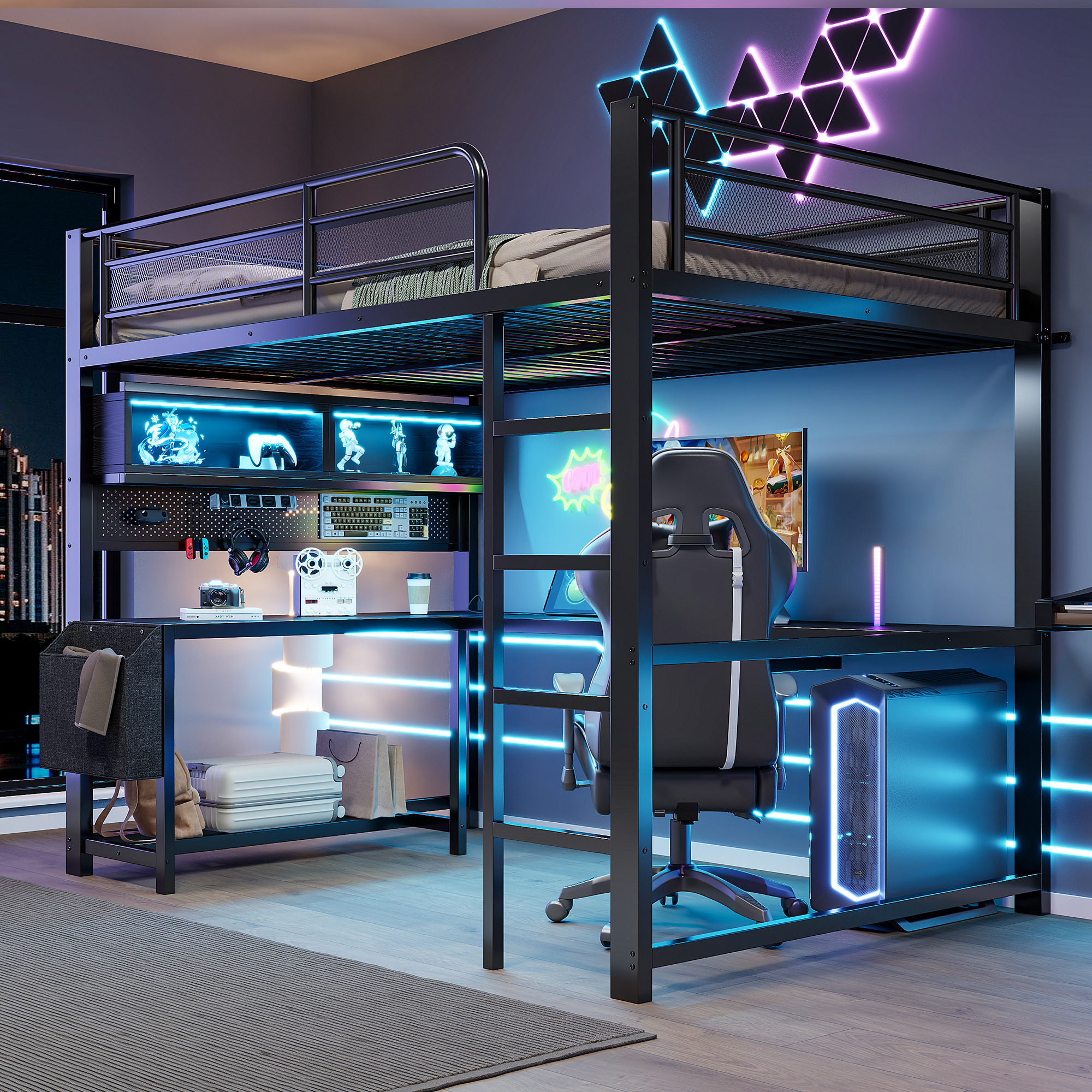 Lit mezzanine gaming noir 140x200 LED bureau chargeur