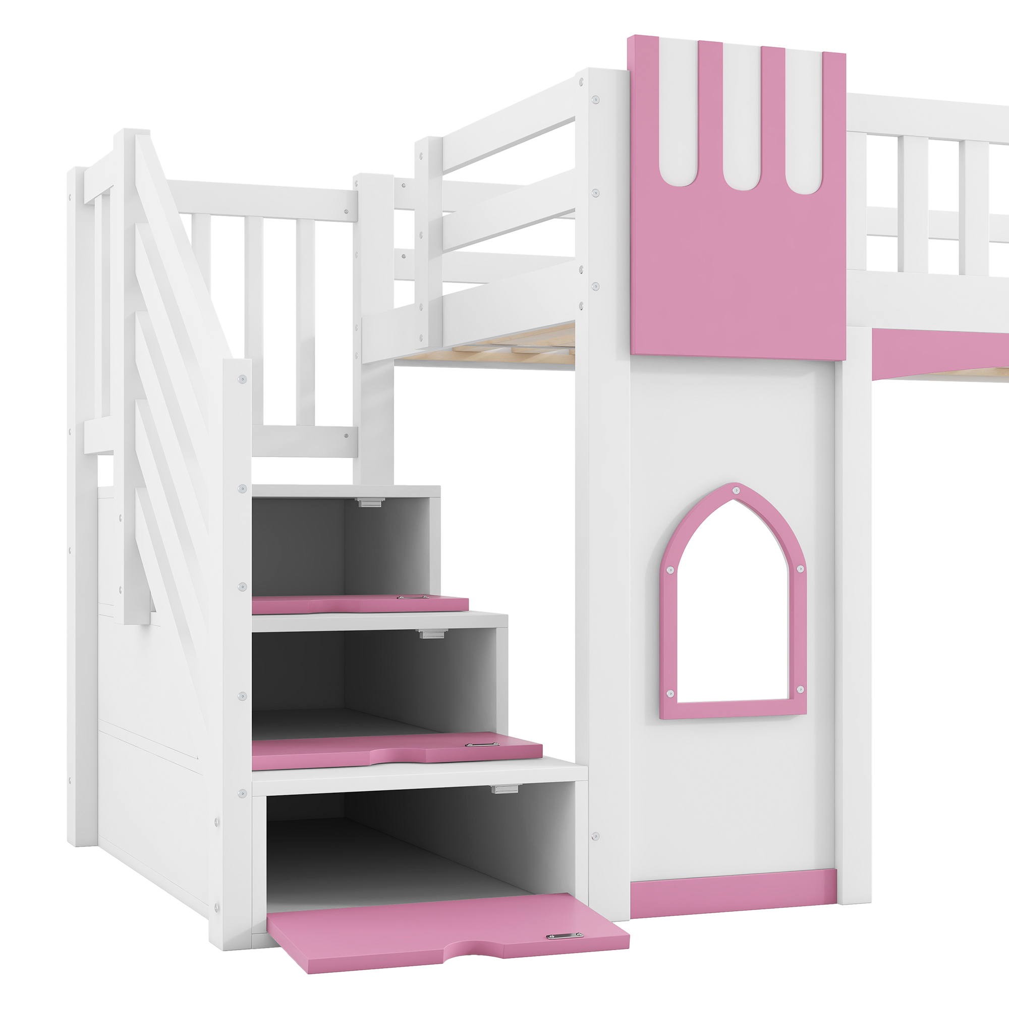 Lit mezzanine 90 x 200 cm, escalier de rangement, toboggan, design cabane, garde-corps, bois de pin, blanc et rose, 253 x 95 x 127,5 cm 🏠 - spécifications 1