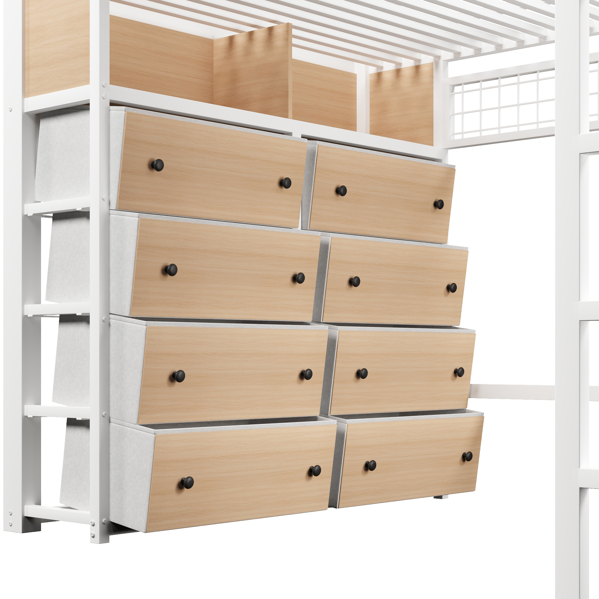 Lit mezzanine 140x200 cm avec rangement, bureau, LED MDF, métal blanc - vue complémentaire 1