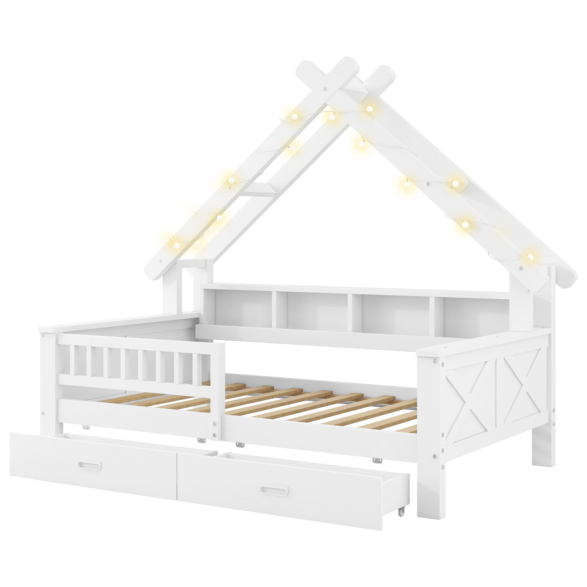 Lit cabane 90x200 cm,en bois,lit enfant,tiroirs de rangement,éclairage LED,port USB,blanc,lit avec rangement intégré