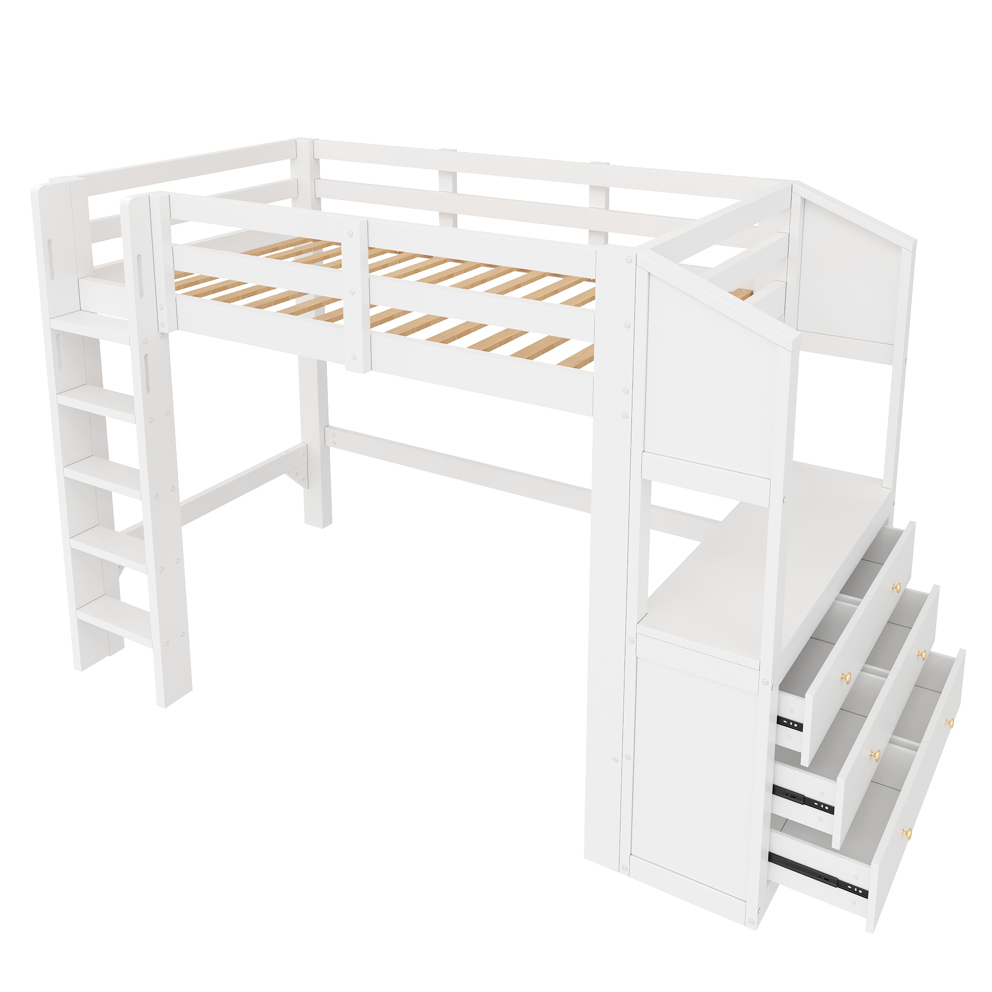 Lit mezzanine 90 x 200 cm, 3 tiroirs, éclairage LED sous le couchage, garde-corps, bois de pin, blanc, 240 x 106 x 170 cm - spécifications 1
