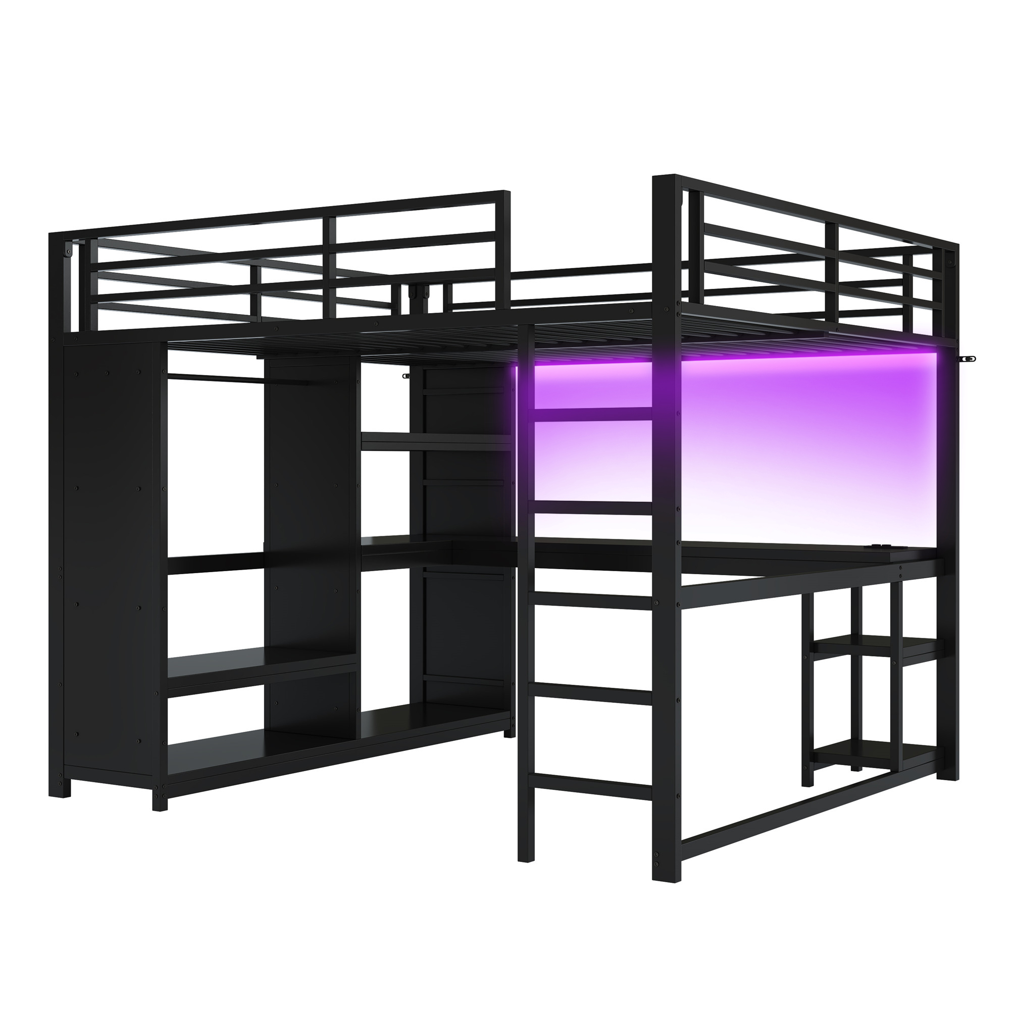 Lit mezzanine 160 x 200 cm, bureau intégré, échelle, penderie intégrée, éclairage LED au niveau du bureau, métal, noir, 204 x 165 x 180 cm - présentation 1
