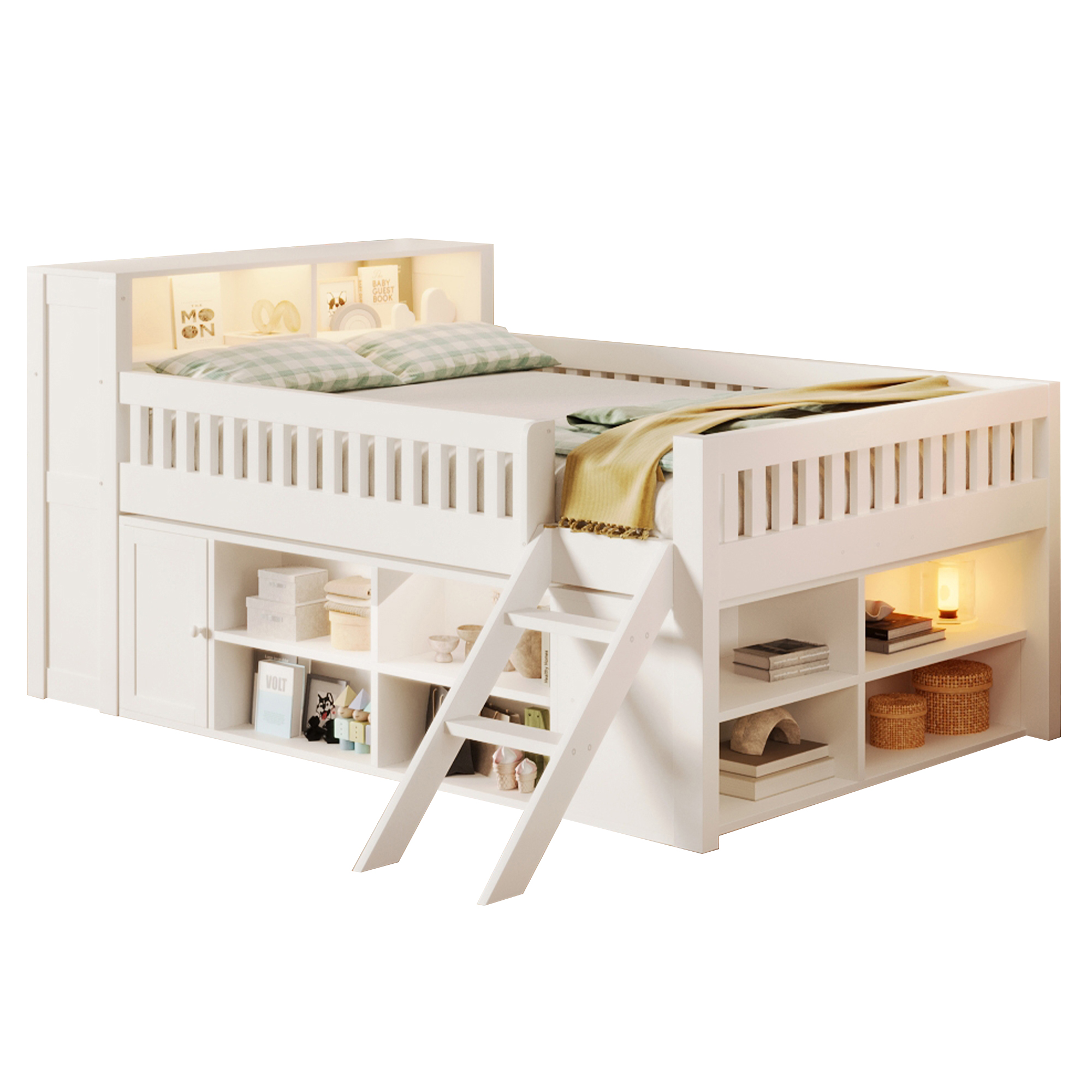 Lit banquette 140x200 cm,en bois,lit enfant,rangement intégré,éclairage LED,blanc,lit avec rangement intégré