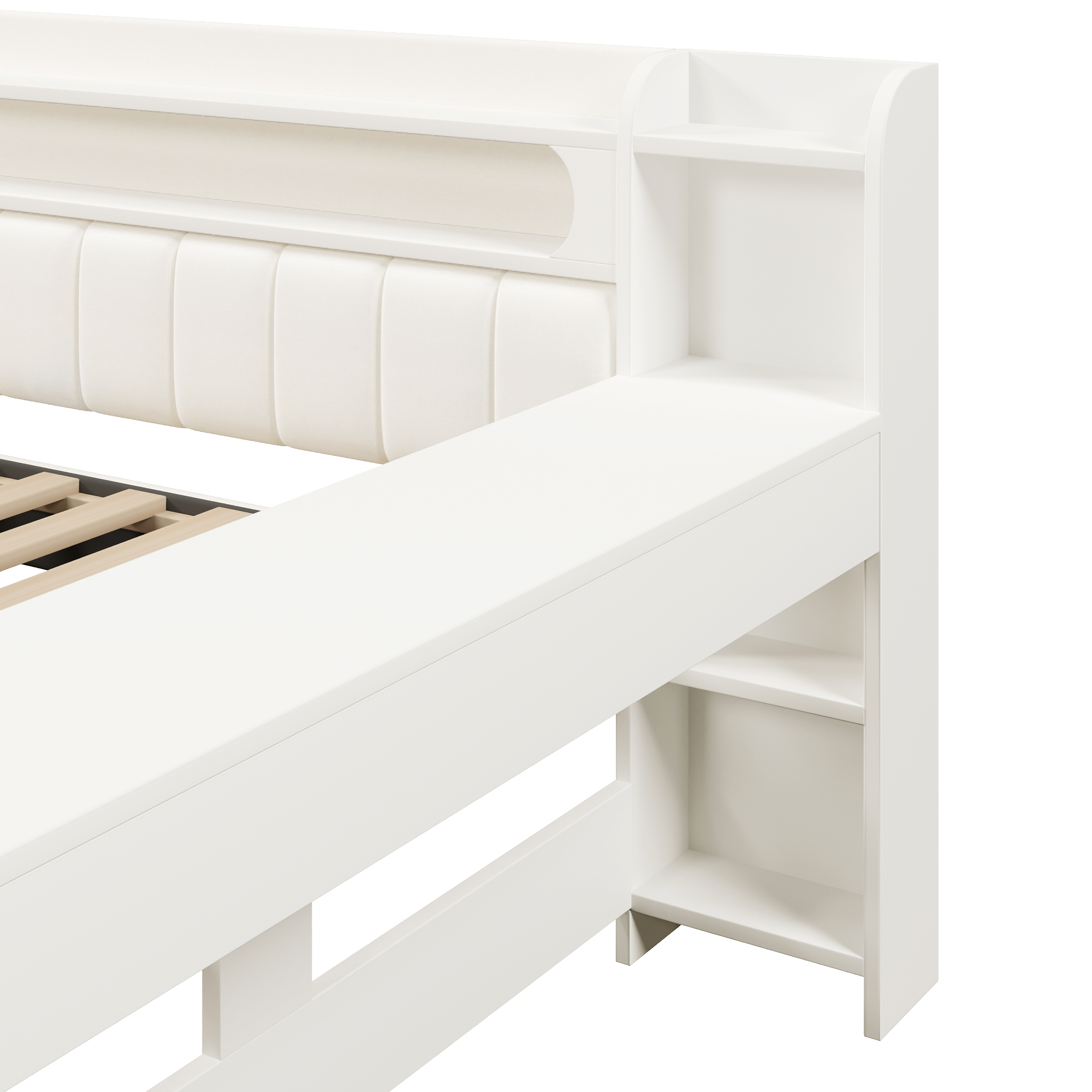 Lit banquette 140x200 cm,en bois,tiroirs de rangement,bureau intégré,éclairage LED,port USB,blanc,lit 2 places,lit avec rangement intégré