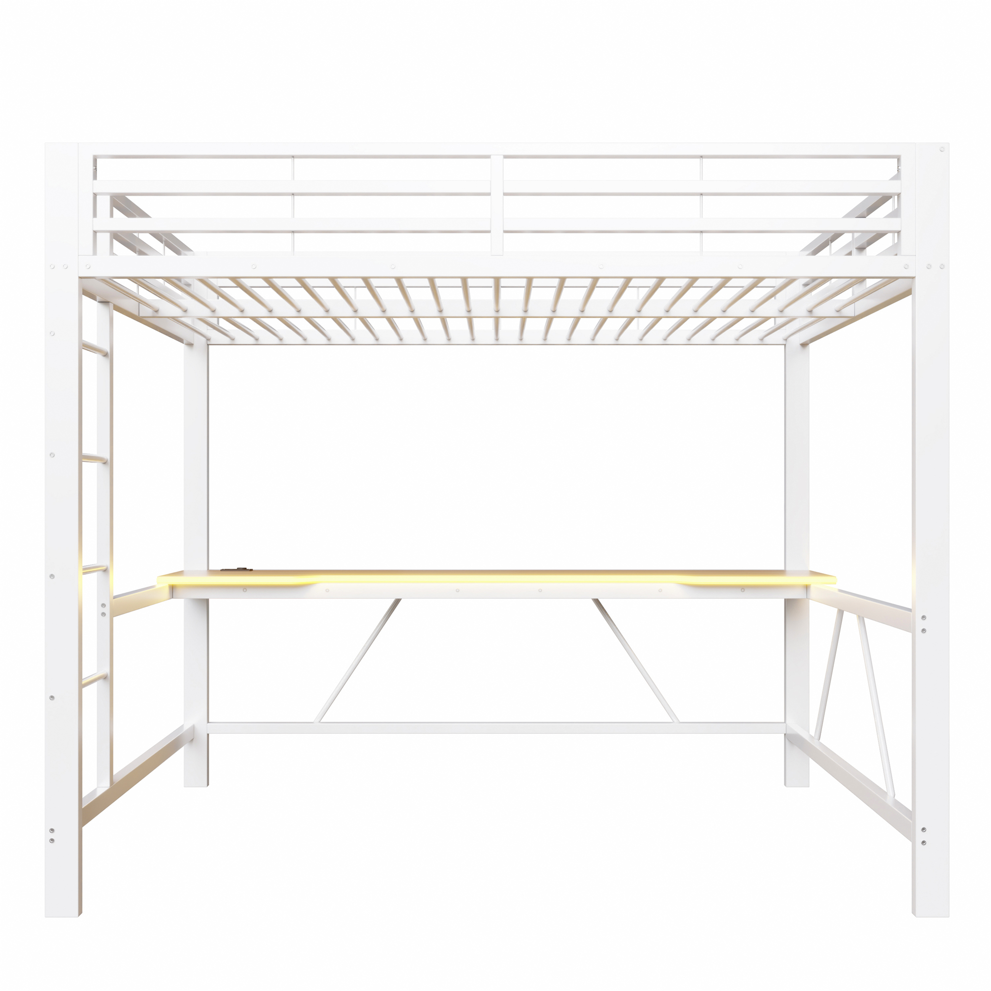 Lit mezzanine 140x200 cm,en métal,lit enfant,rangement intégré,bureau intégré,éclairage LED,port USB,blanc,lit mezzanine avec bureau