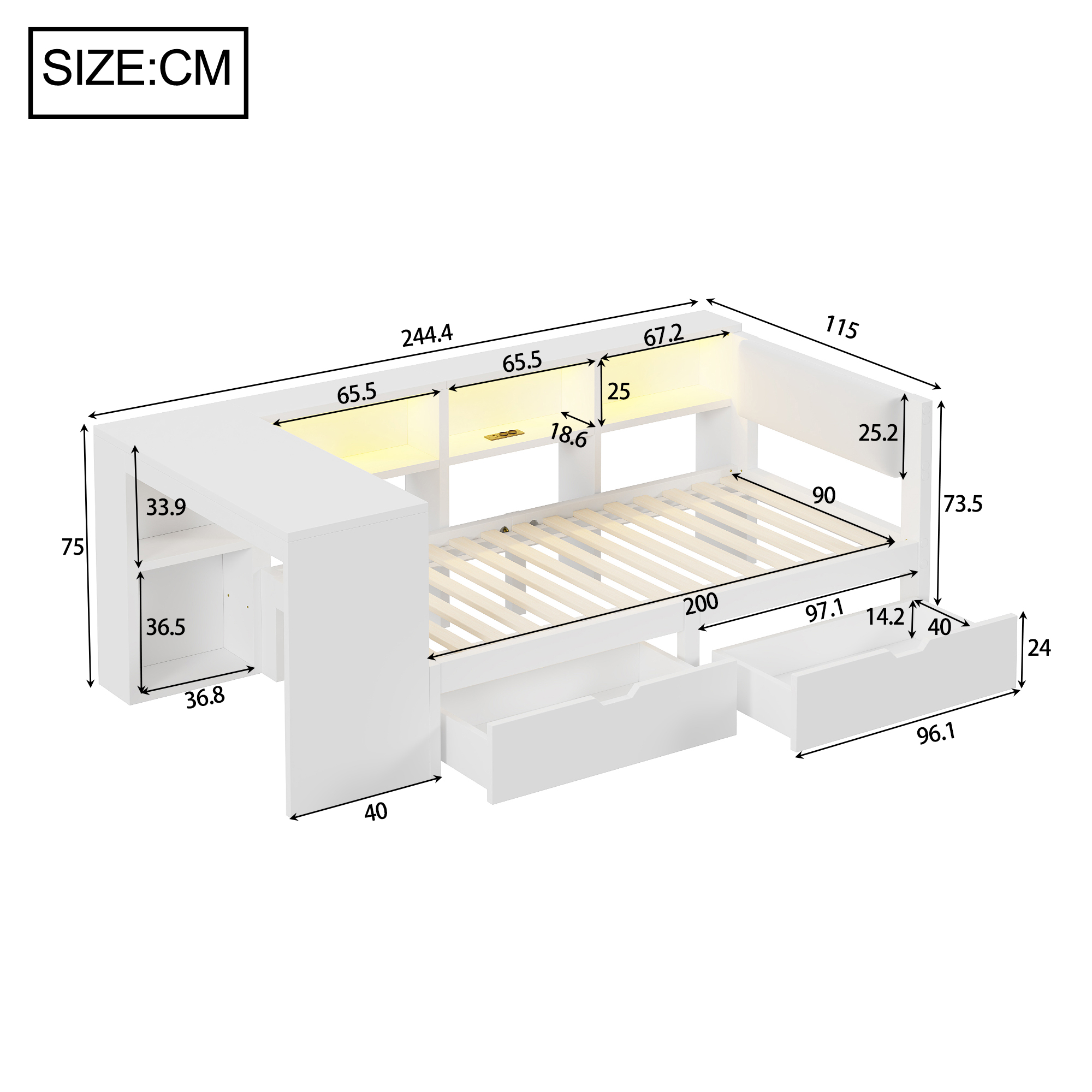 Lit / lit de chambre 90 x 200 cm avec éclairage LED, port USB / Type-C, prises intégrées, rangements intégrés, blanc - vue complémentaire 1