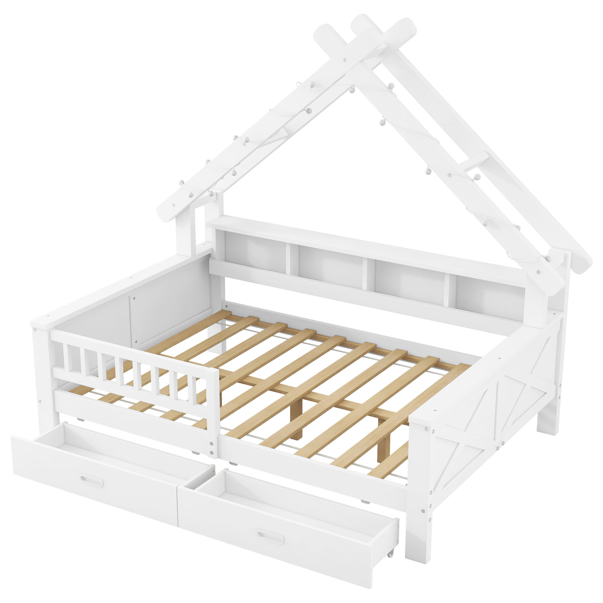 Lit cabane 140x200 cm,en bois,lit enfant,tiroirs de rangement,éclairage LED,port USB,blanc,lit avec rangement intégré