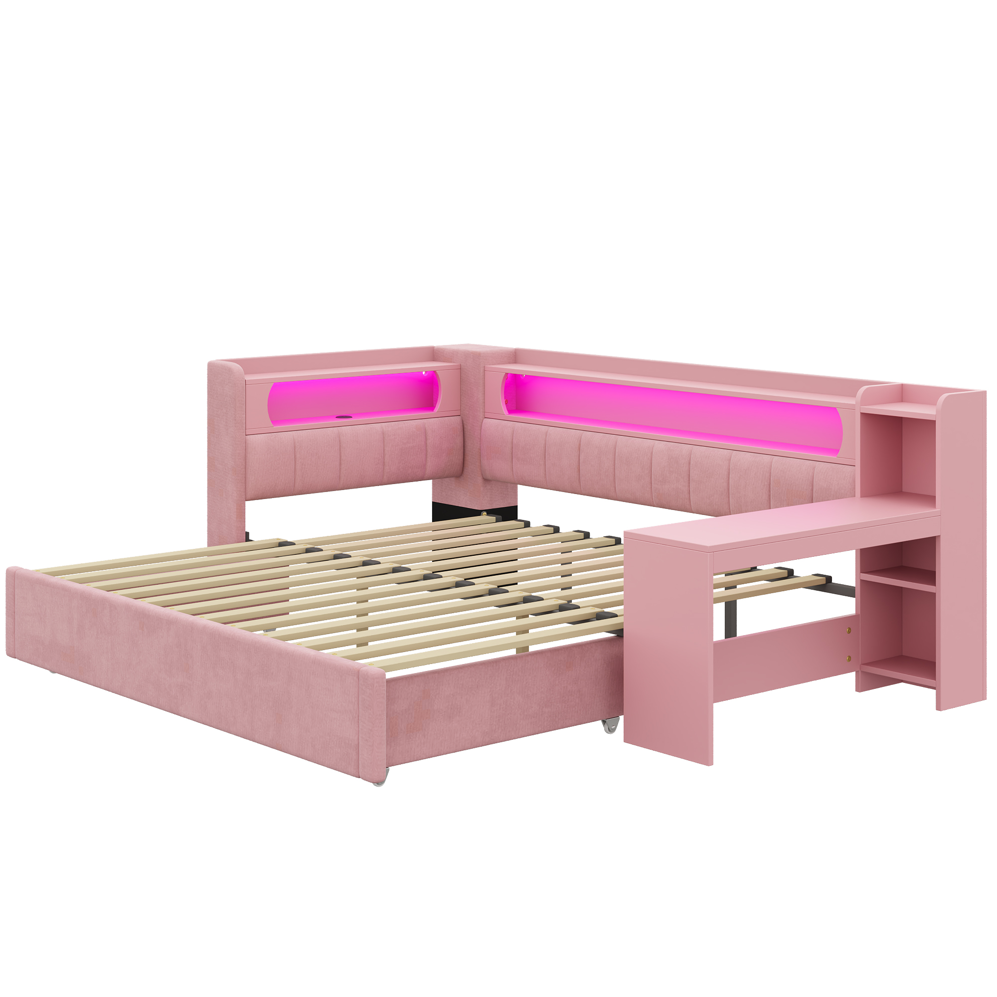 Lit banquette 90x200 cm extensible à 180x200 cm,en bois,lit enfant,lit gigogne,rangement intégré,bureau intégré,éclairage LED,port USB,rose