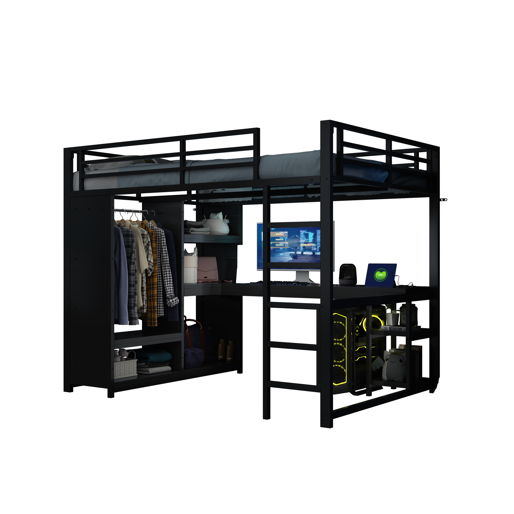 Lit mezzanine 140 x 200 cm, bureau intégré, échelle, penderie intégrée, éclairage LED au niveau du bureau, métal, noir, 204 x 145 x 180 cm - présentation 1